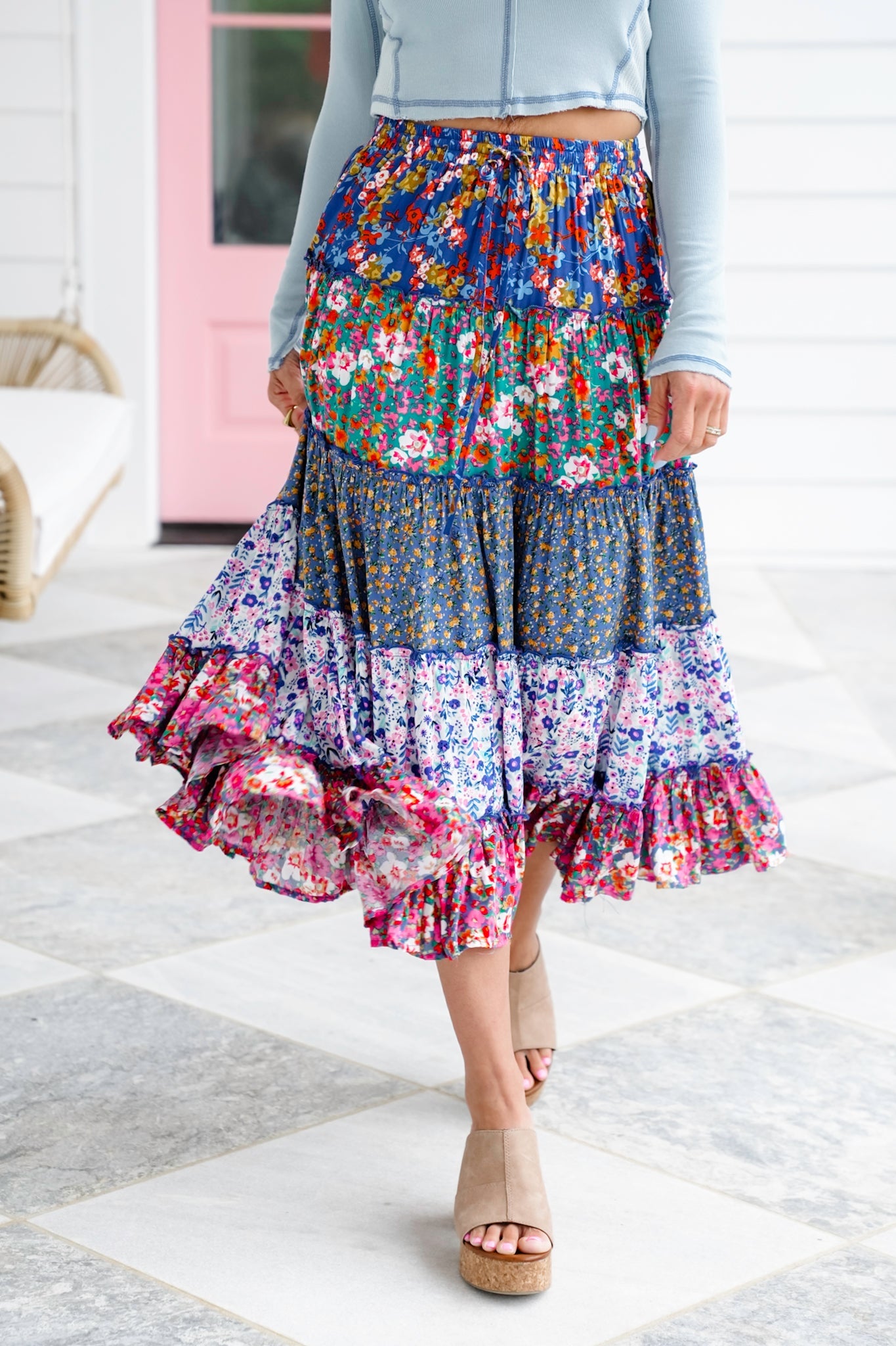 Plus/Reg Mixed Floral Print Elastic Waist Tiered Skirt