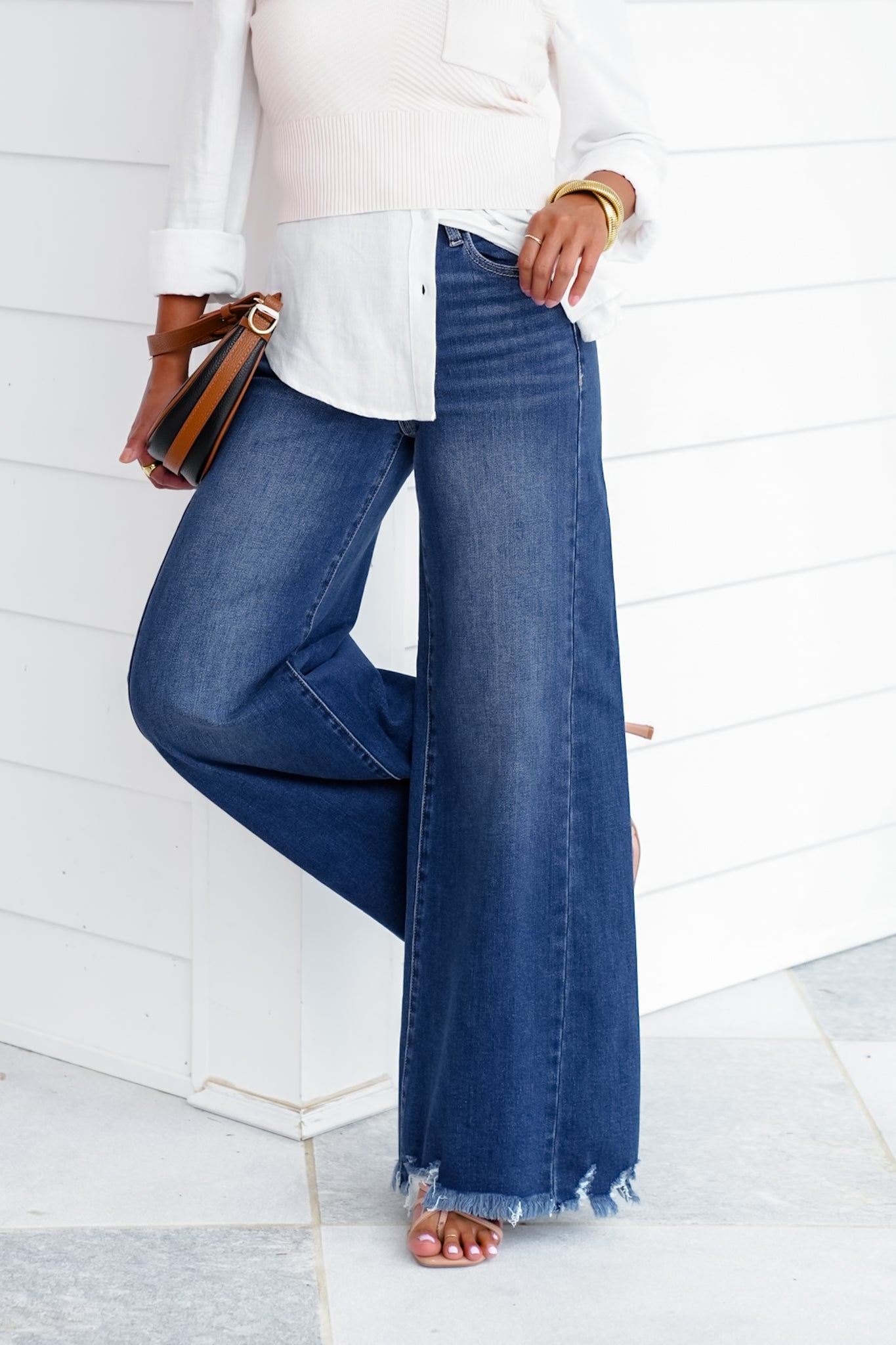 Risen High Rise Dark Wash Wide Leg Jeans