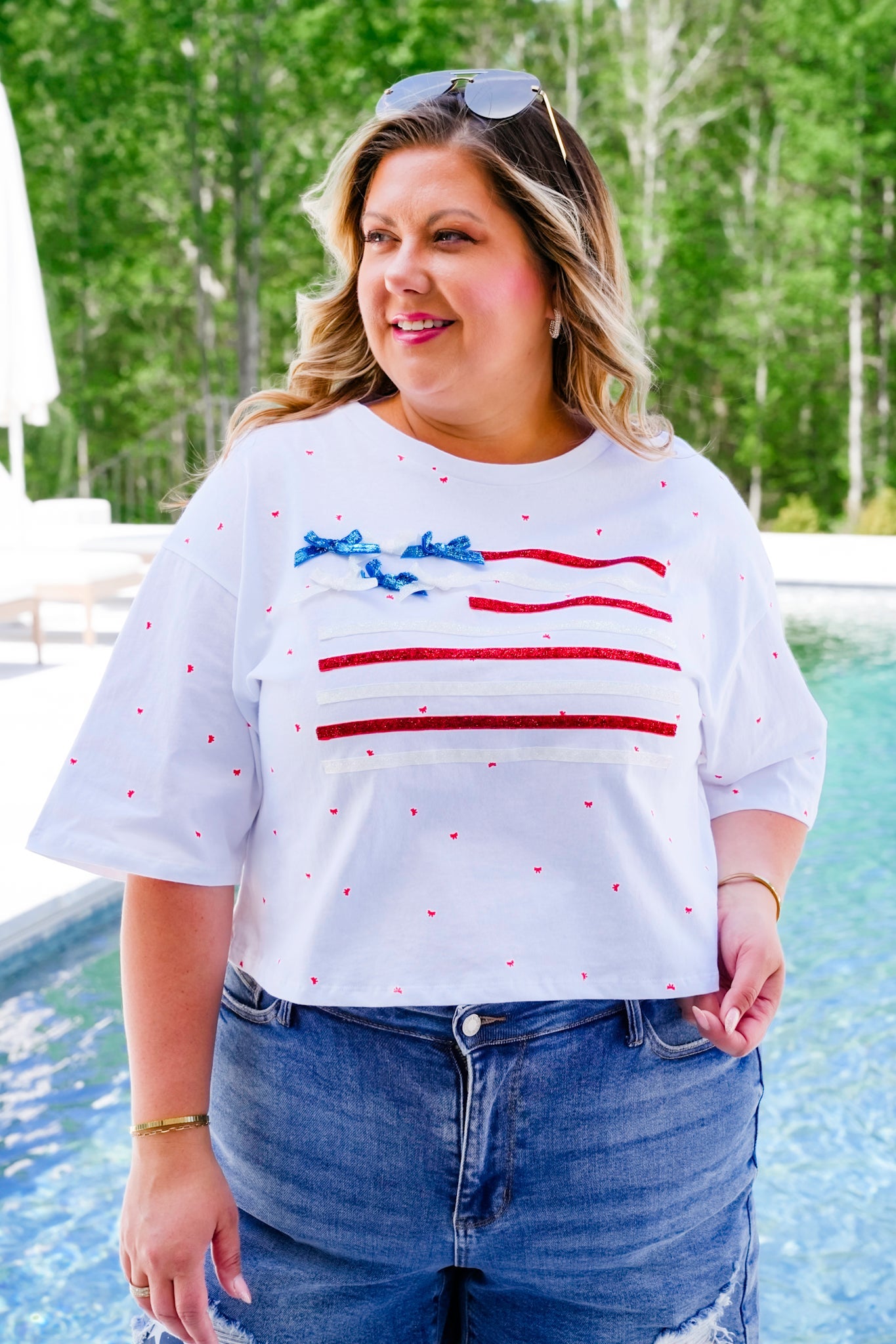 Short Sleeve Ribbon American Flag Top with Bow Detail
