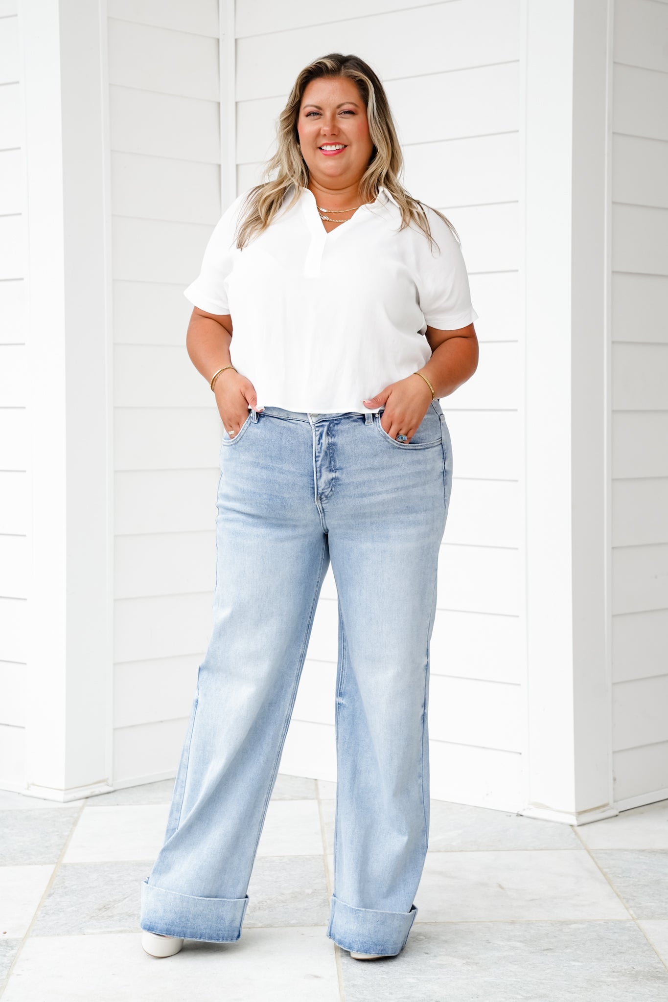Risen High Rise Light Wash Tummy Control Cuffed Wide Leg Jeans
