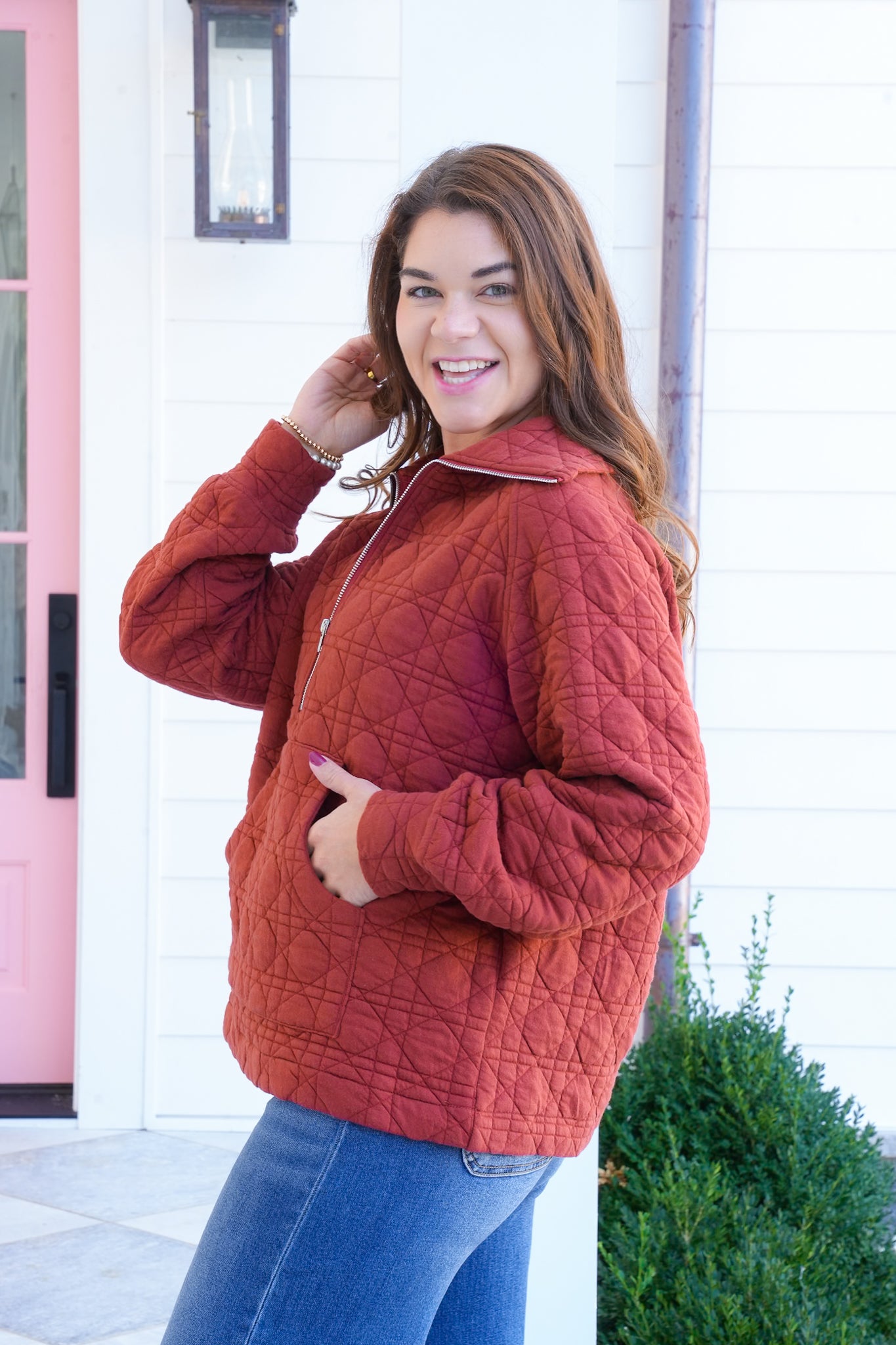 Plus/Reg Long Sleeve Quilted Zip Up Sweatshirt