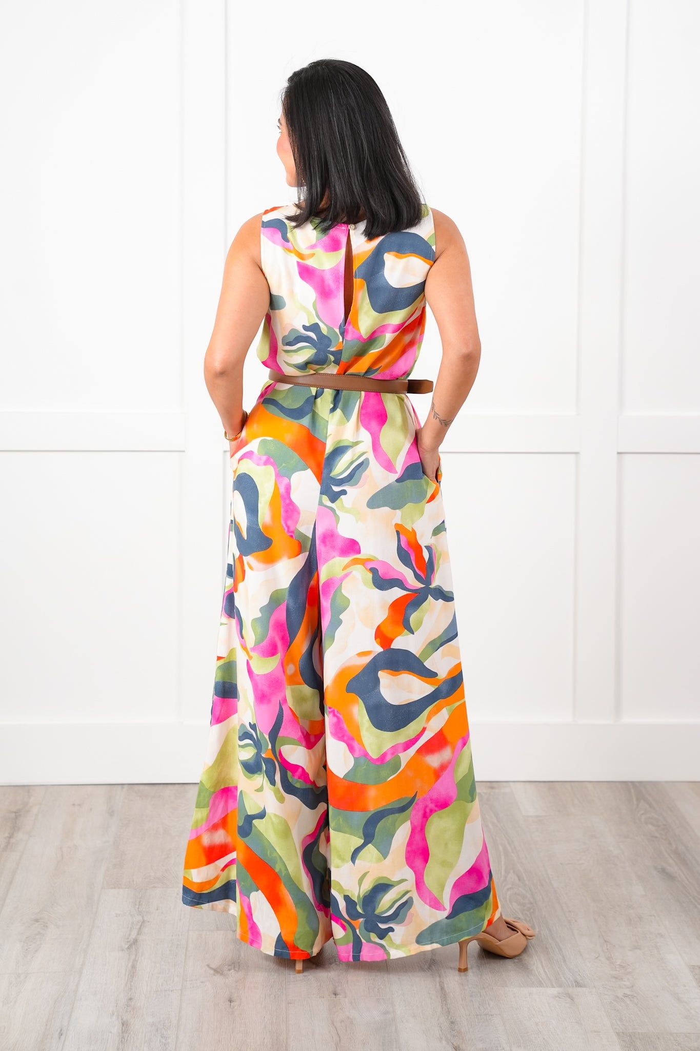 Abstract Print Sleeveless V Neck Wide Leg Jumpsuit