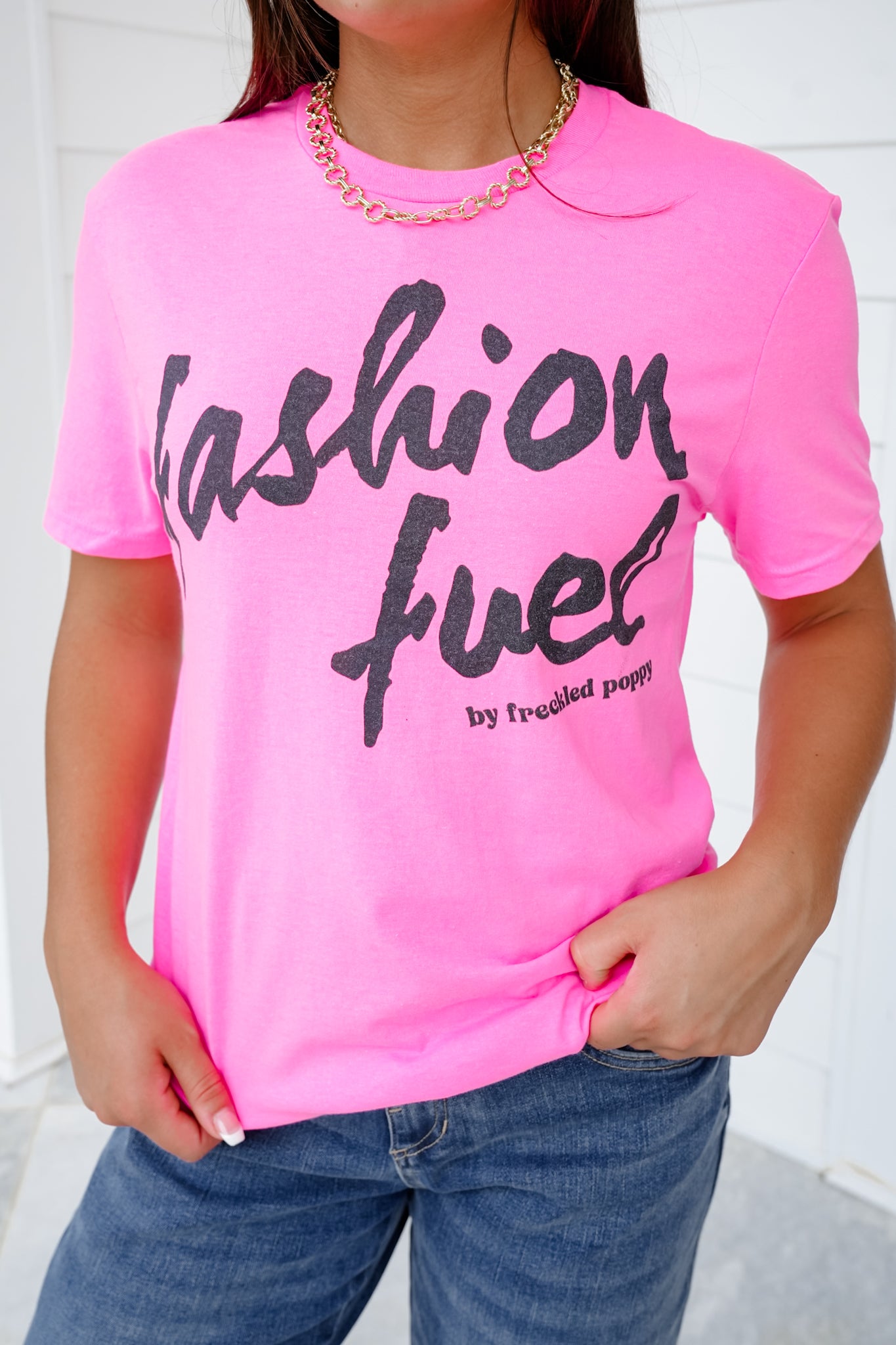 Plus/Reg Pink Short Sleeve "Fashion Fuel By Freckled Poppy" Graphic Tee