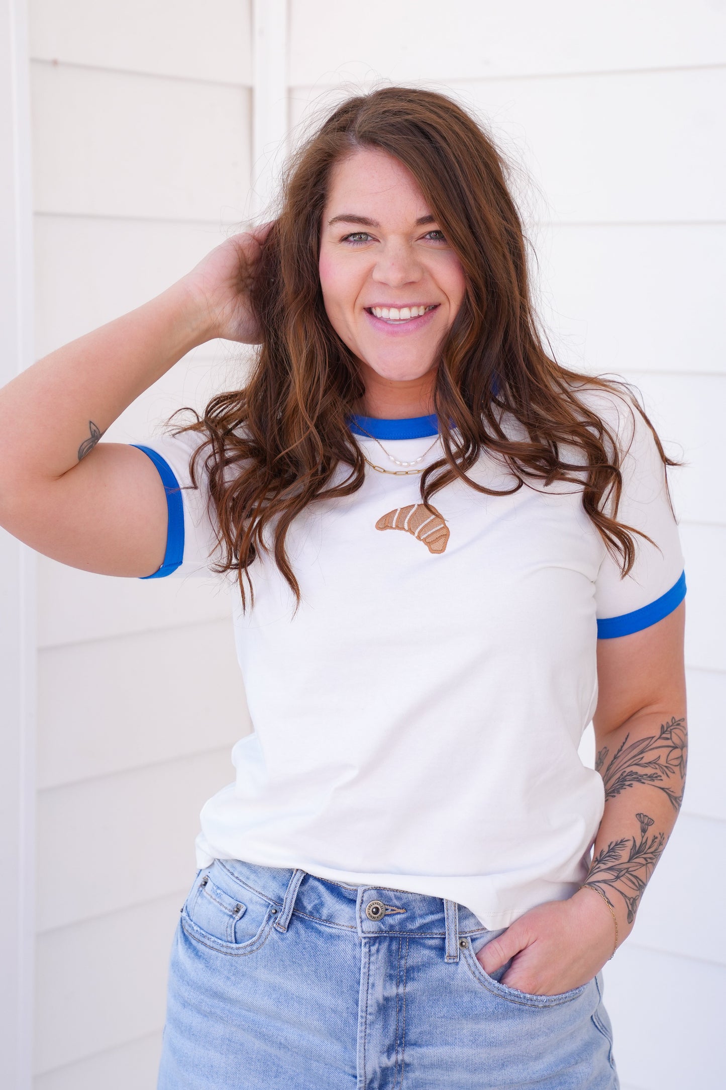 Short Sleeve Knit Top with Croissant Embroidered Detail