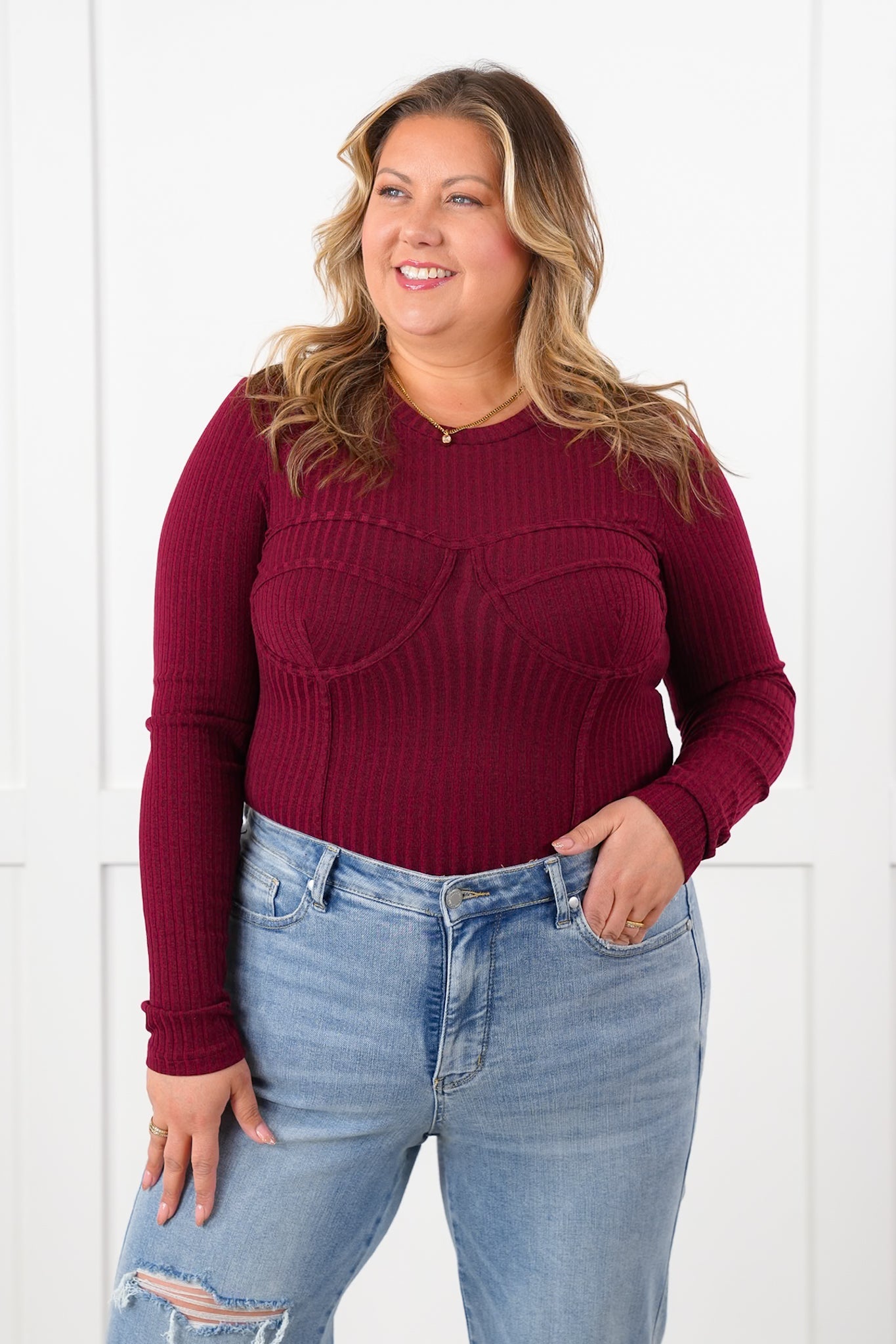 Ribbed Knit Long Sleeve Corset Top