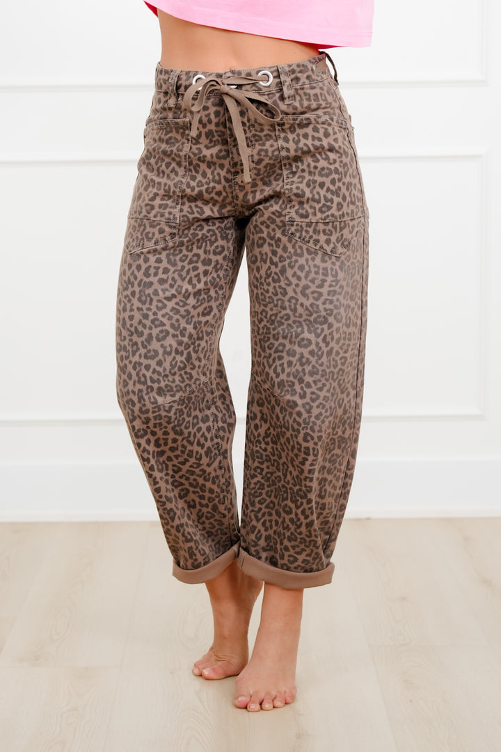 Risen Leopard Slouchy Drawstring Waistband Barrel Jeans