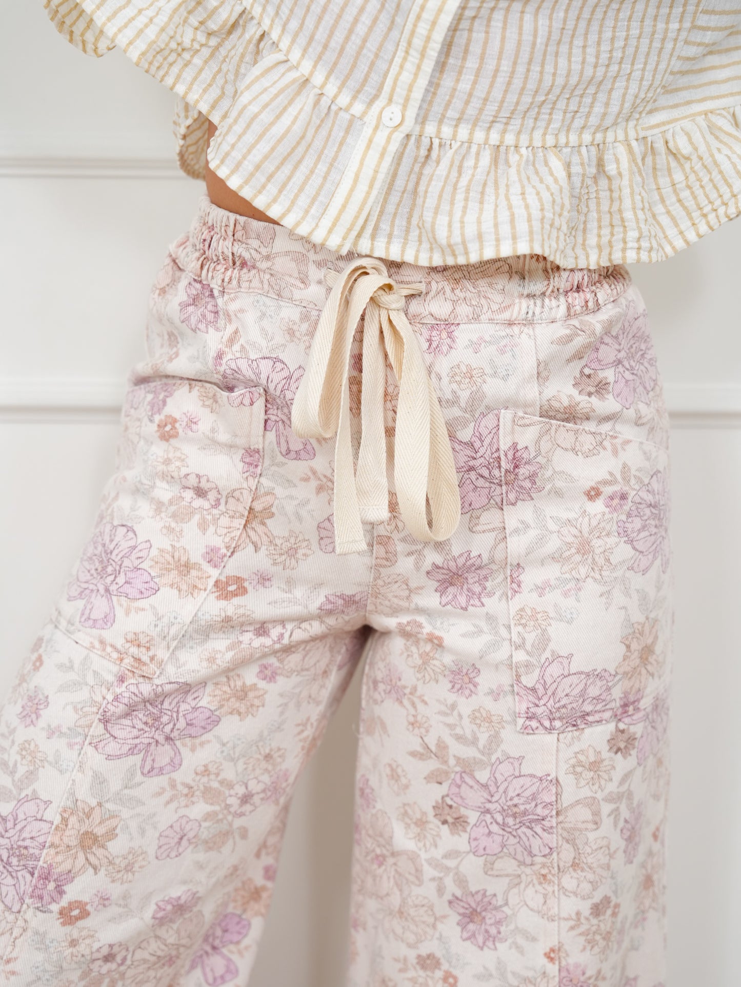 Floral Print Elastic Waist Twill Wide Leg Pants