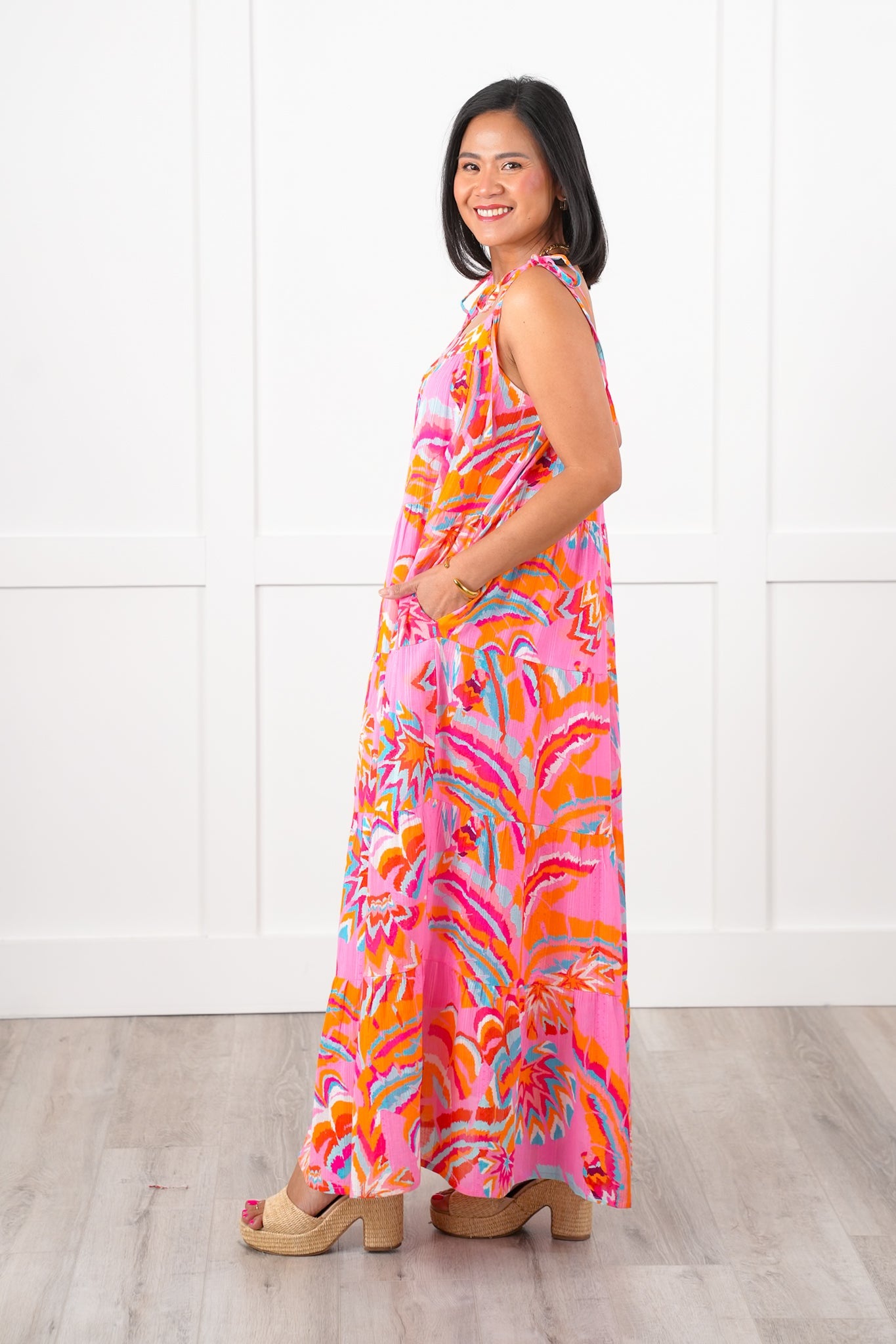 Multi Color Print Sleeveless Tie Shoulder Tiered Ruffle Midi Dress