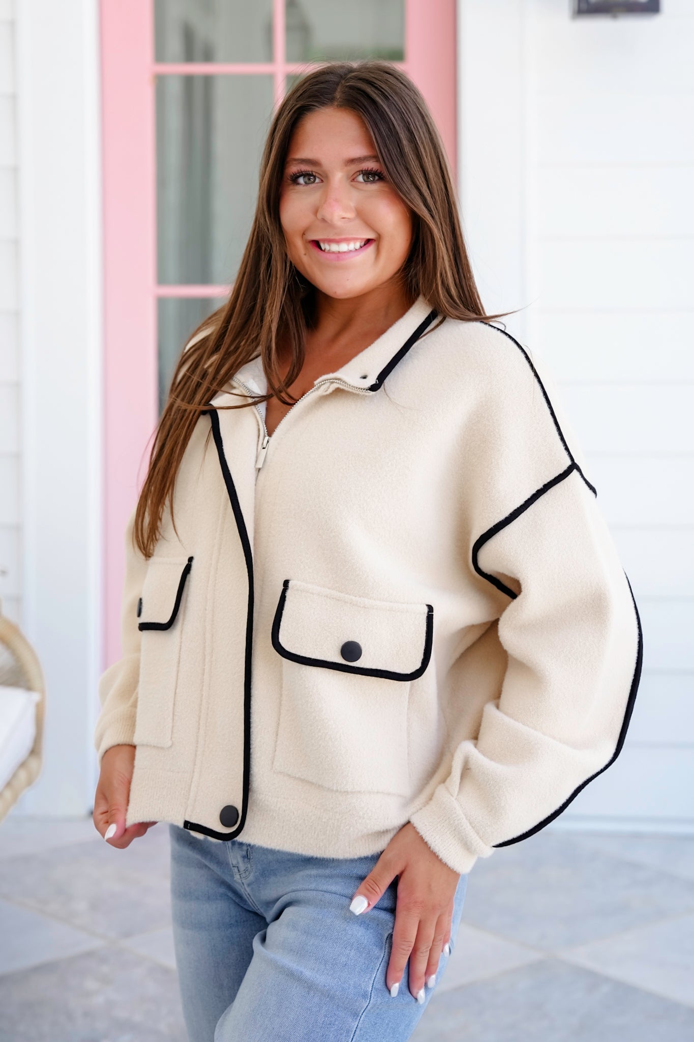 Super Soft Long Sleeve Zip-Up Jacket with Trim Detail