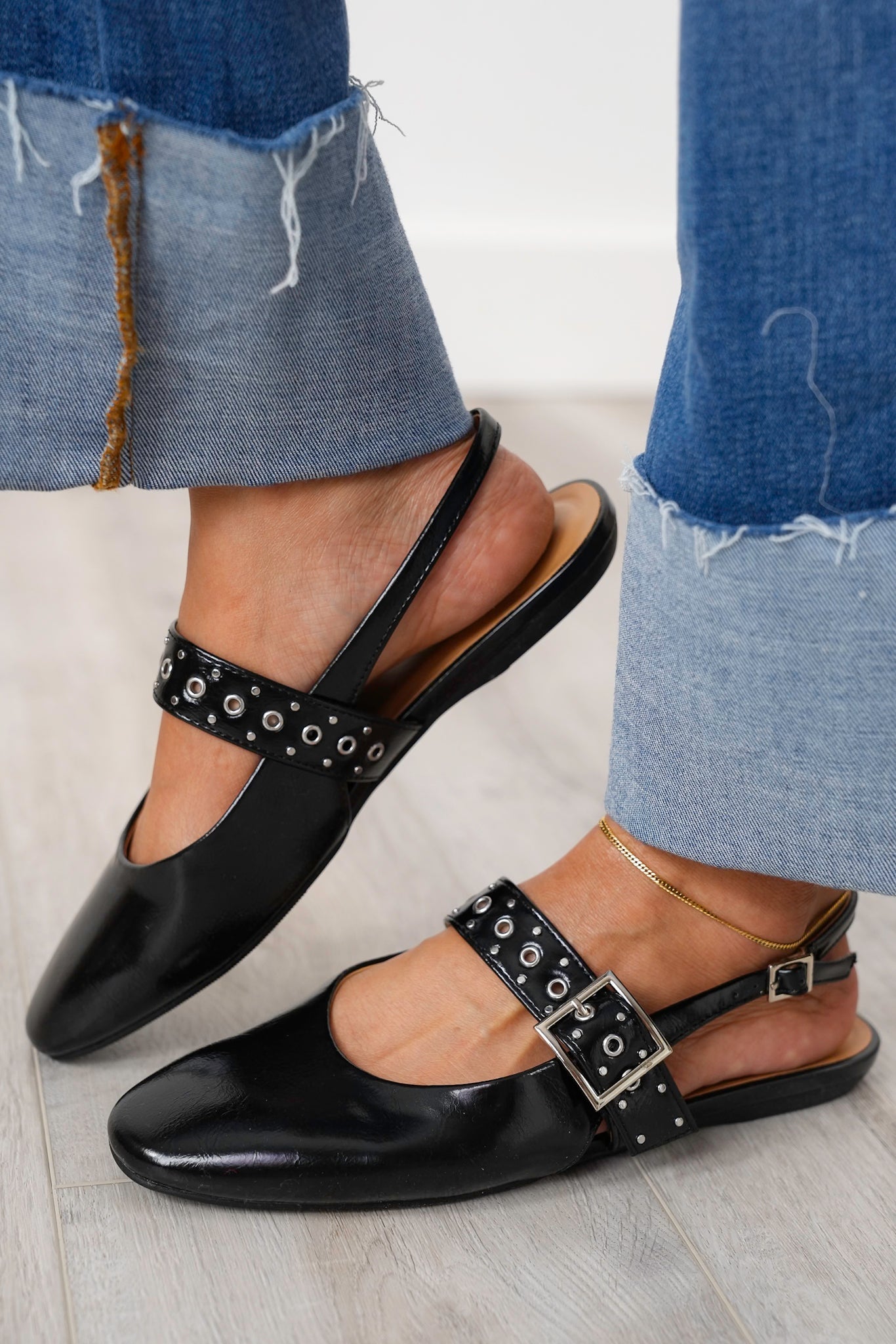 Pointed Toe Slingback Flats with Studded Buckle Strap Detail