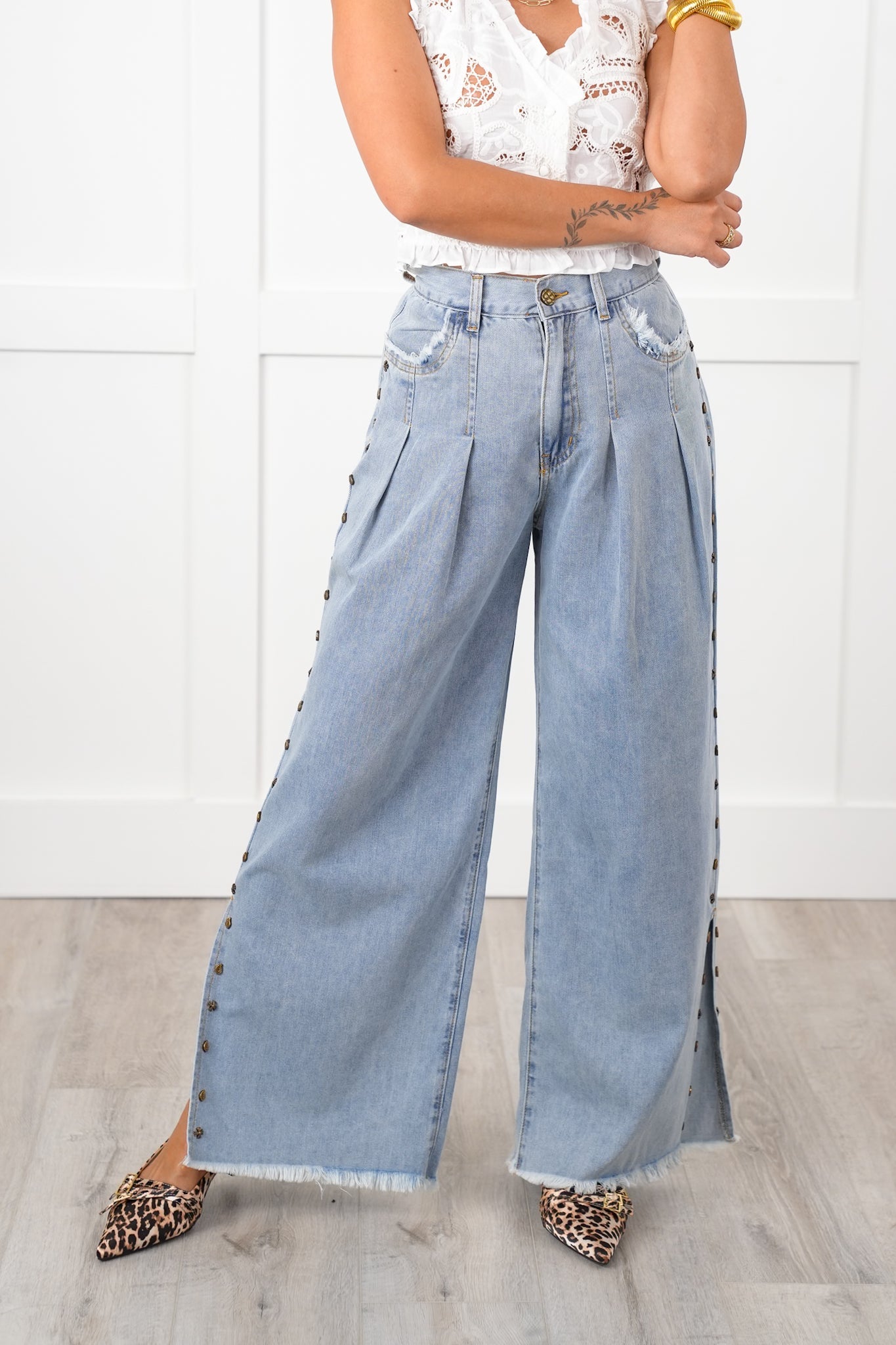 POL Studded Denim Twill Wide Leg Pants with Side Slit Detail