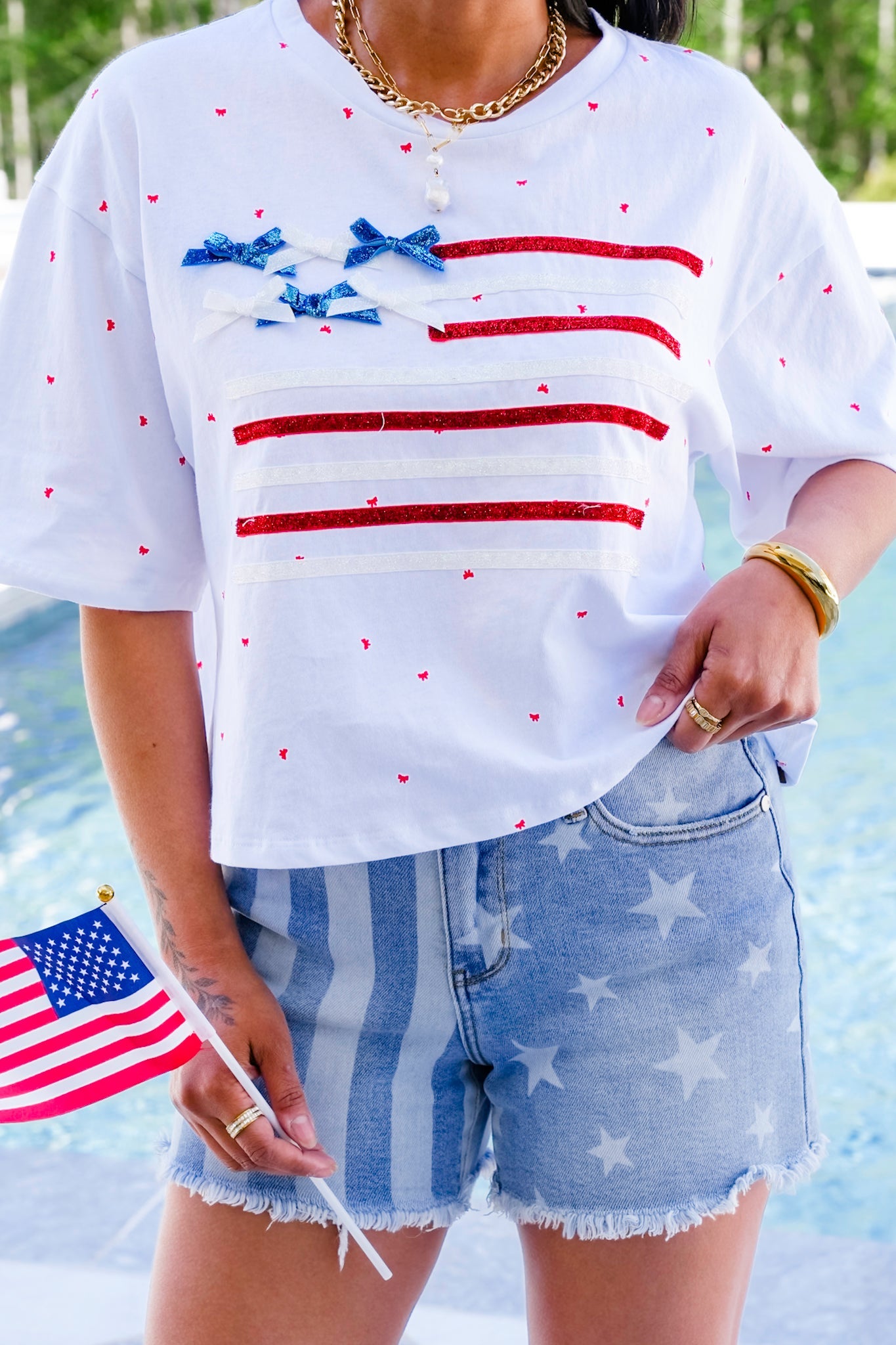 Short Sleeve Ribbon American Flag Top with Bow Detail