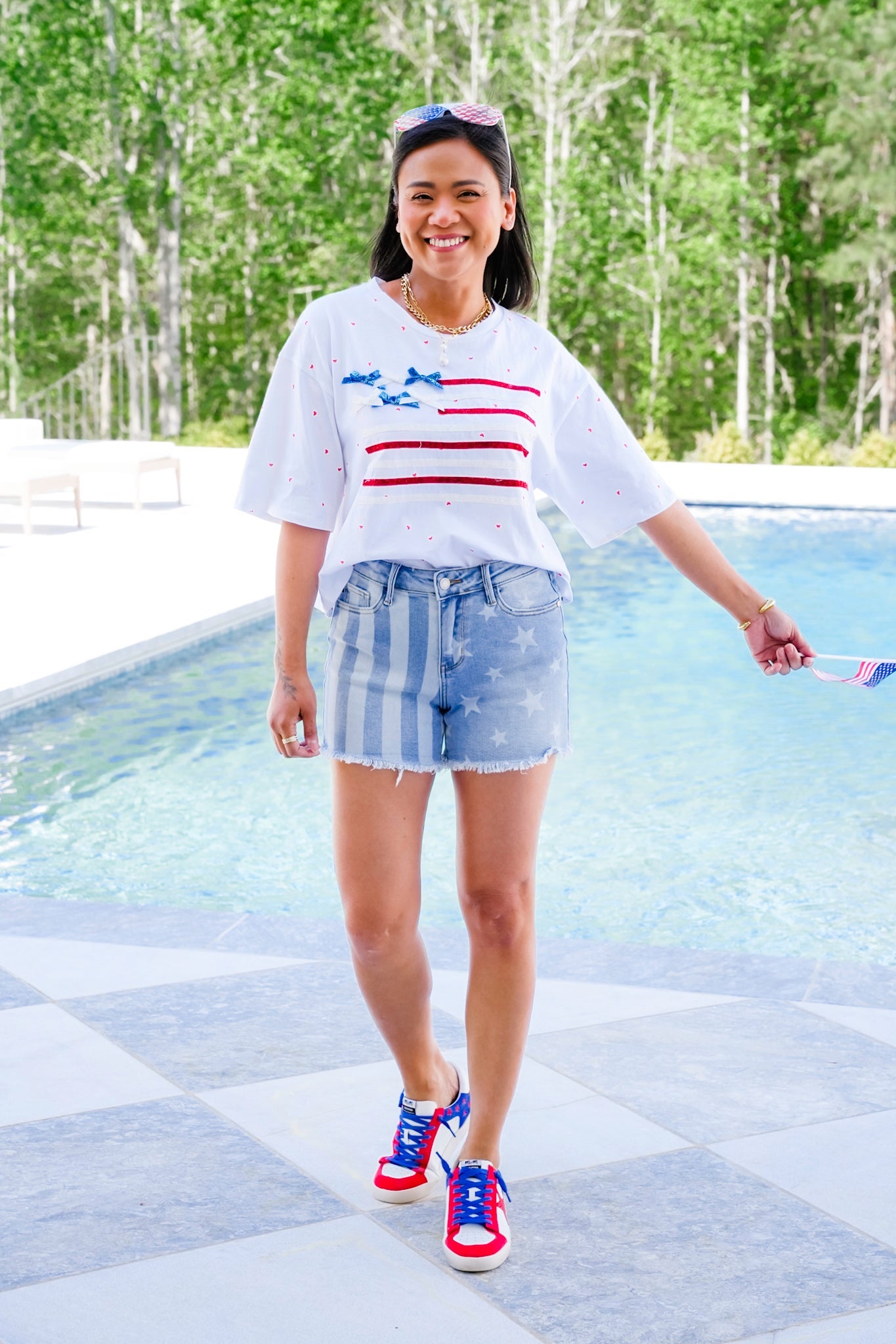 Short Sleeve Ribbon American Flag Top with Bow Detail