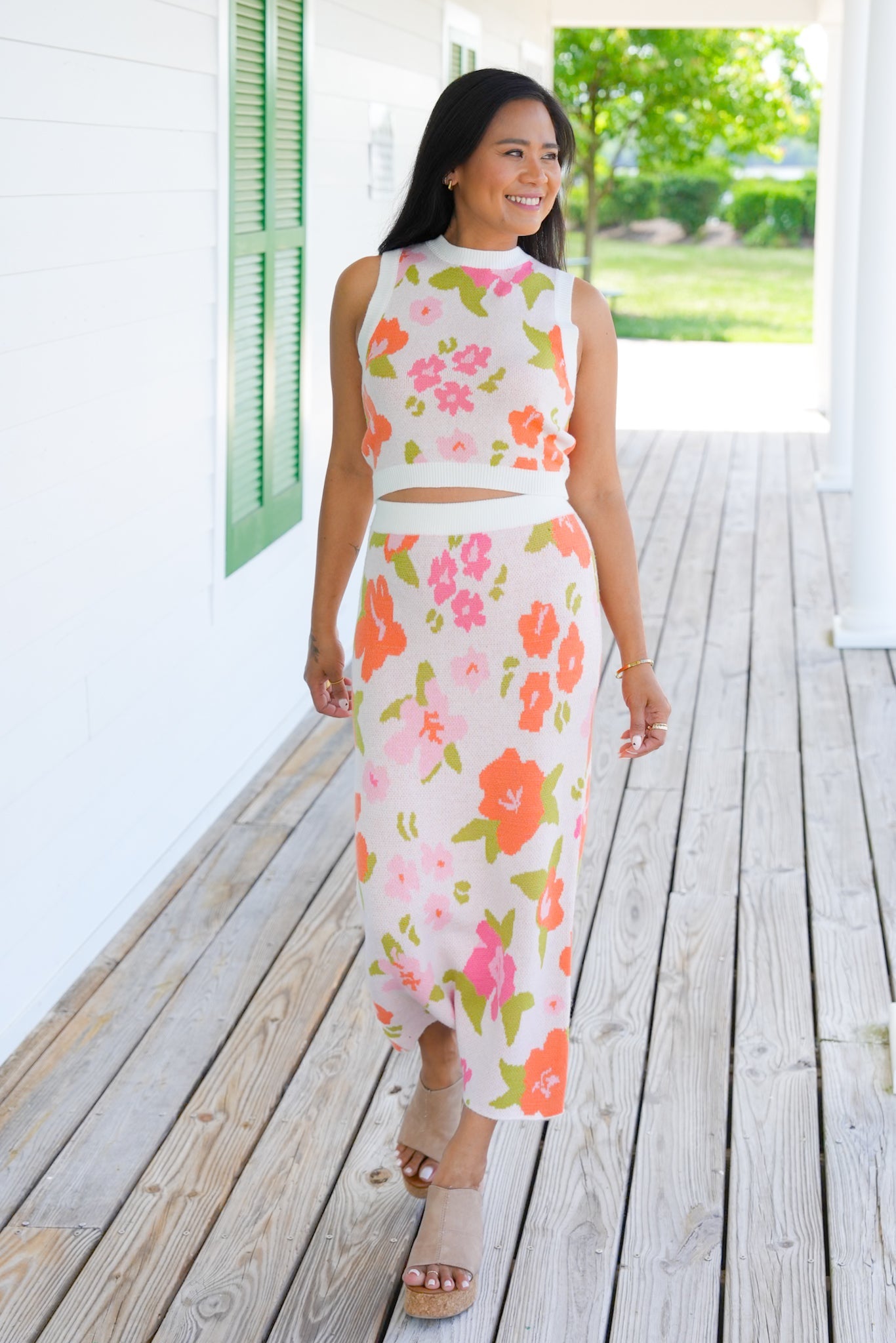Floral Print Sweater Skirt with Elastic Waist