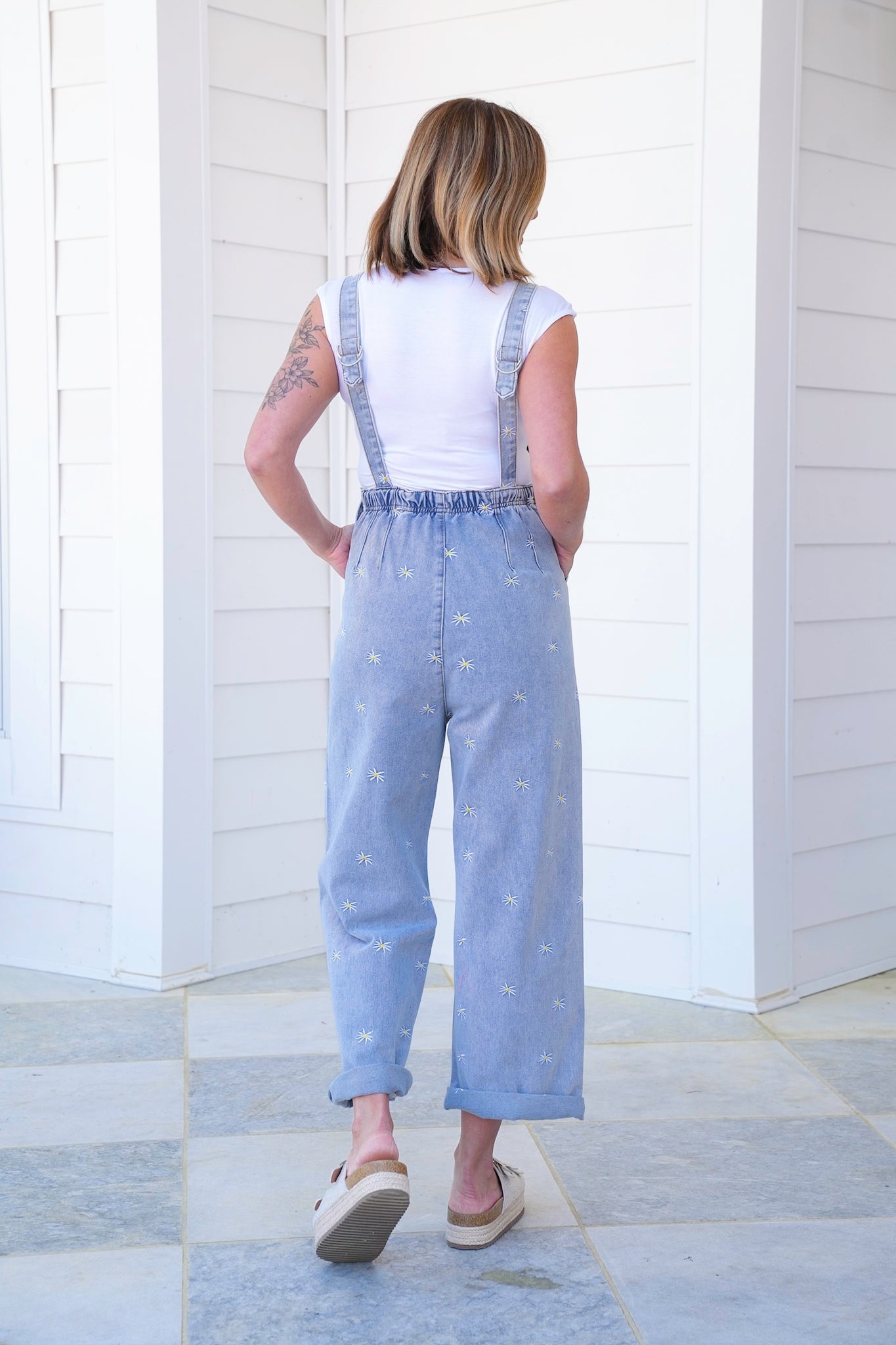 Plus/Reg Denim Overalls with Daisy Embroidered Detail