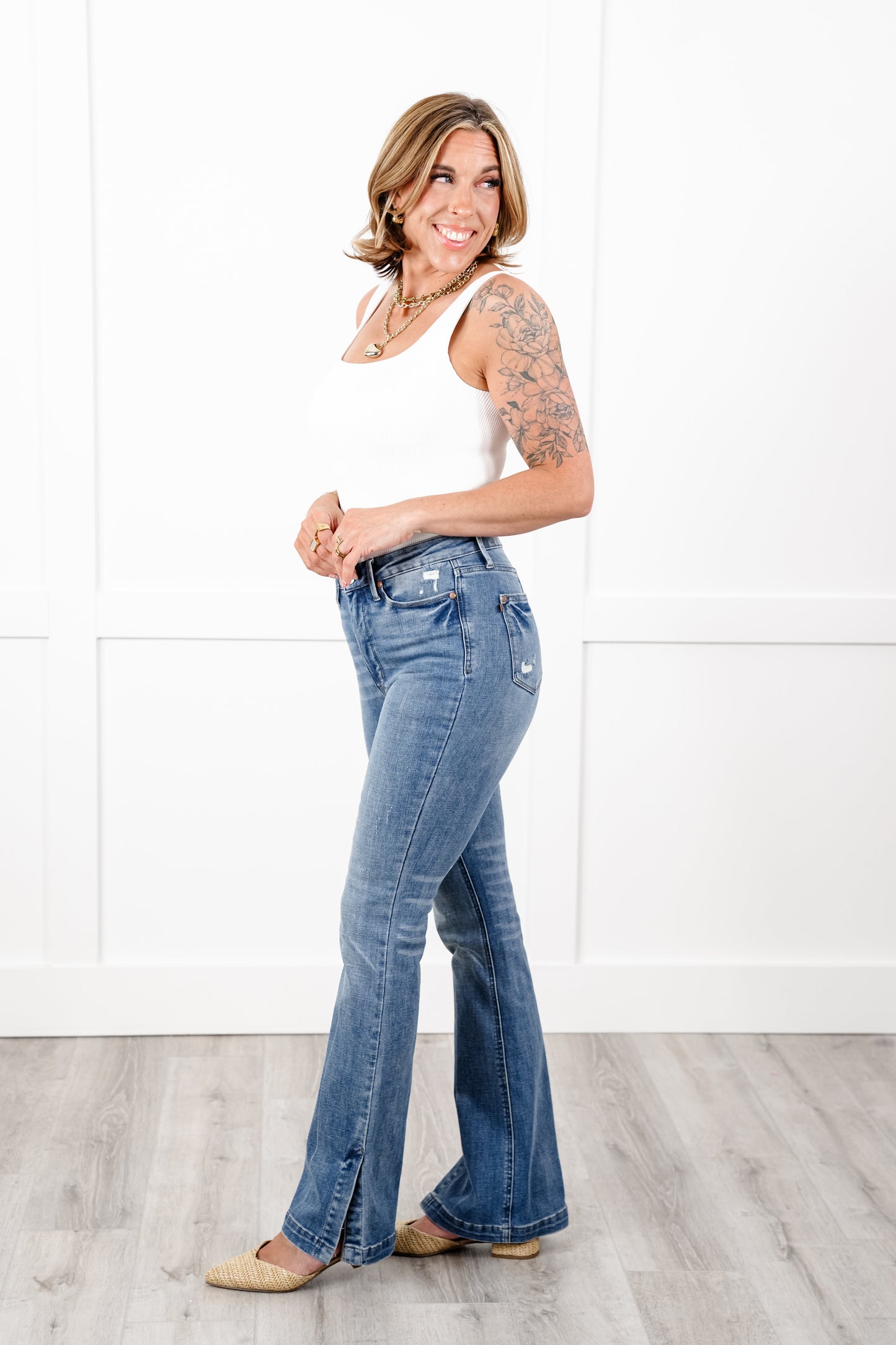 Judy Blue High Rise Medium Vintage Wash Tummy Control Slim Bootcut Jeans with Side Slit