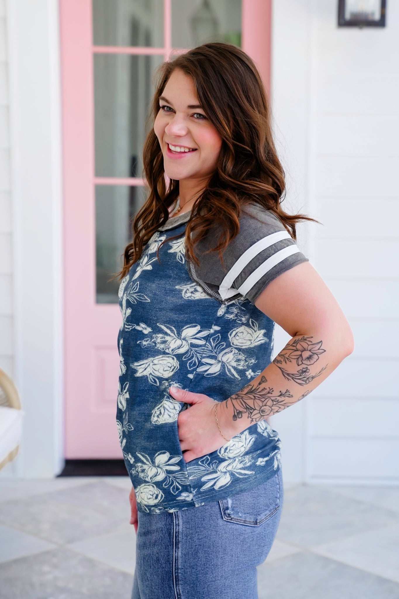 Raglan Short Sleeve Top with Floral Print Detail