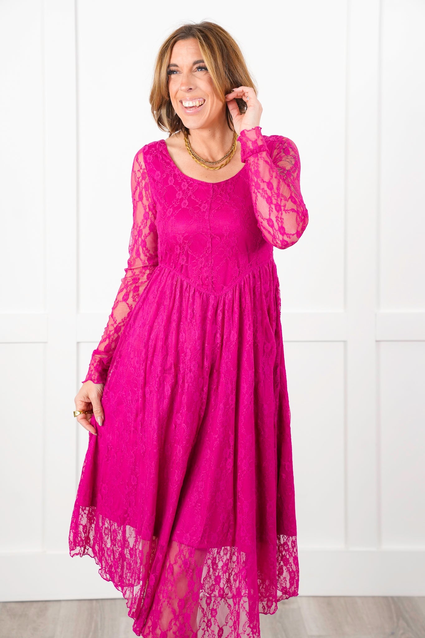 Berry Lace Long Sleeve Layered Maxi Dress