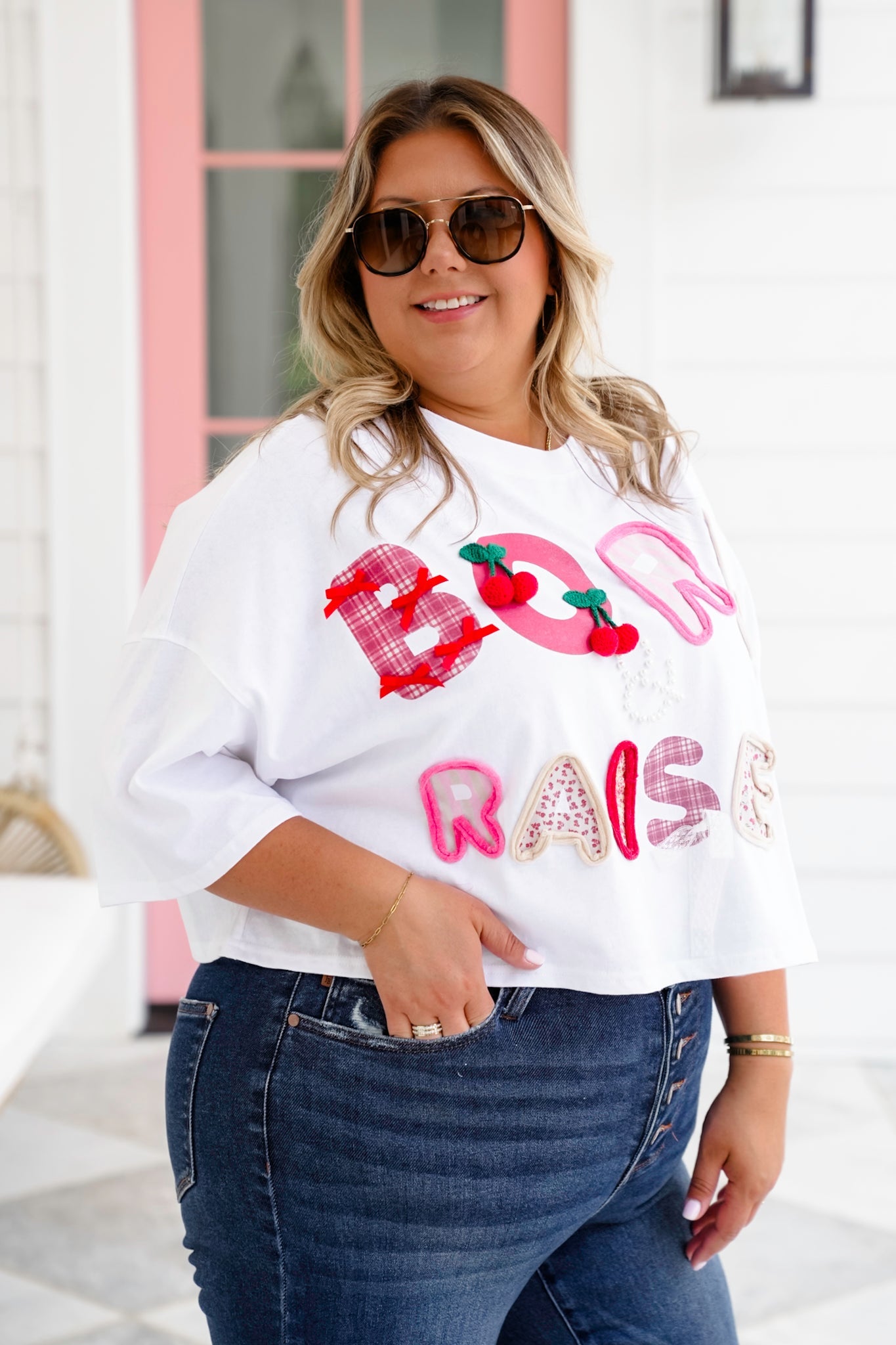 Short Sleeve "Born & Raised" Patchwork Crop Top
