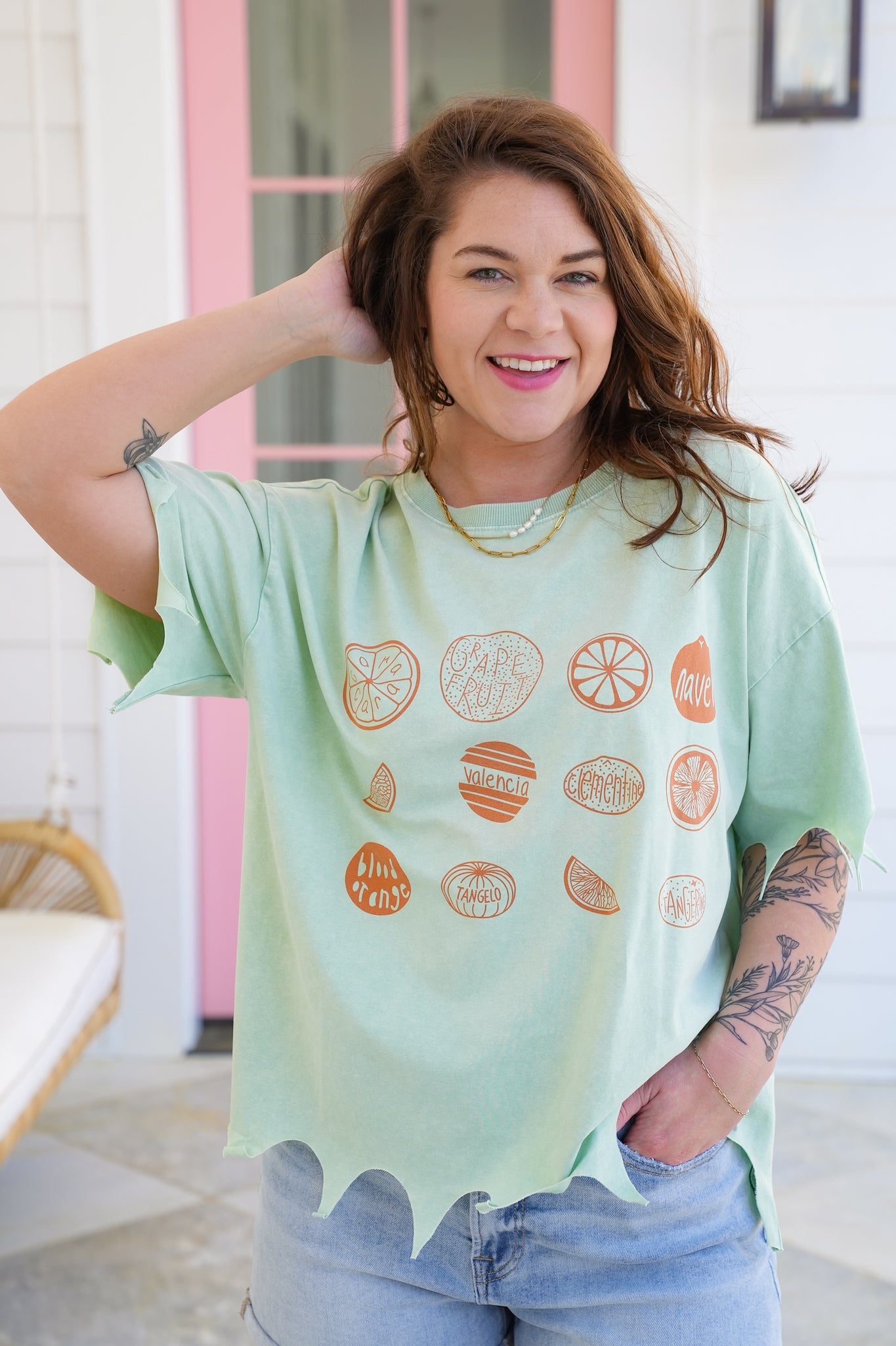 Short Sleeve Citrus Print Graphic Tee with Laser Cut Detail