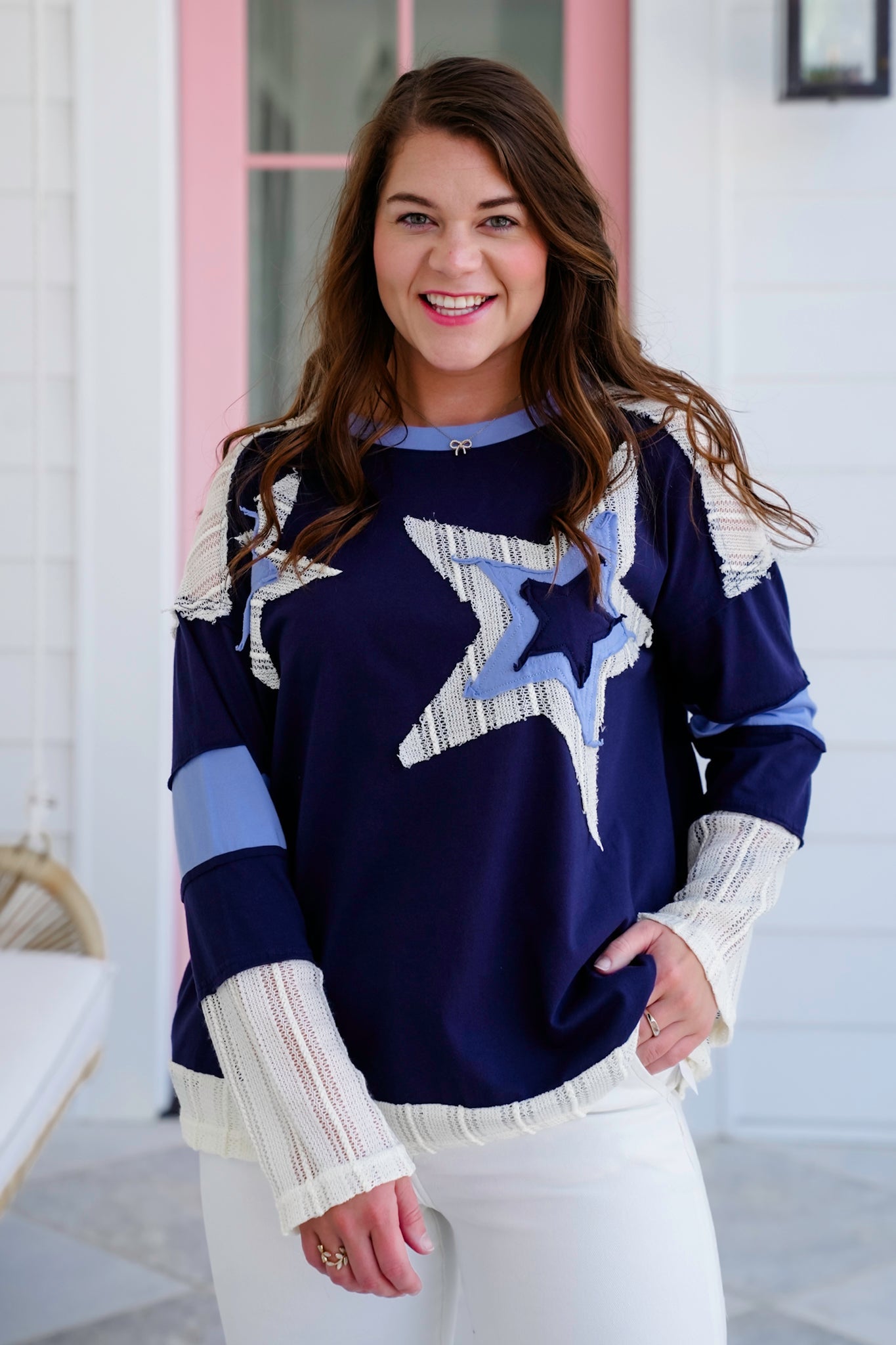 Long Sleeve Round Neck Top with Star Patch Detail