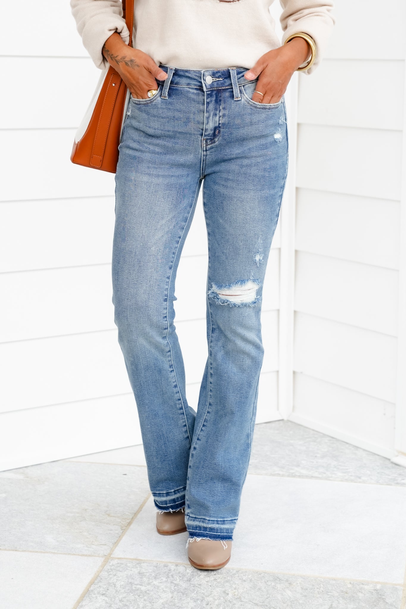 Restock Judy Blue Mid Rise Medium Wash Distressed Released Hem Bootcut Jeans