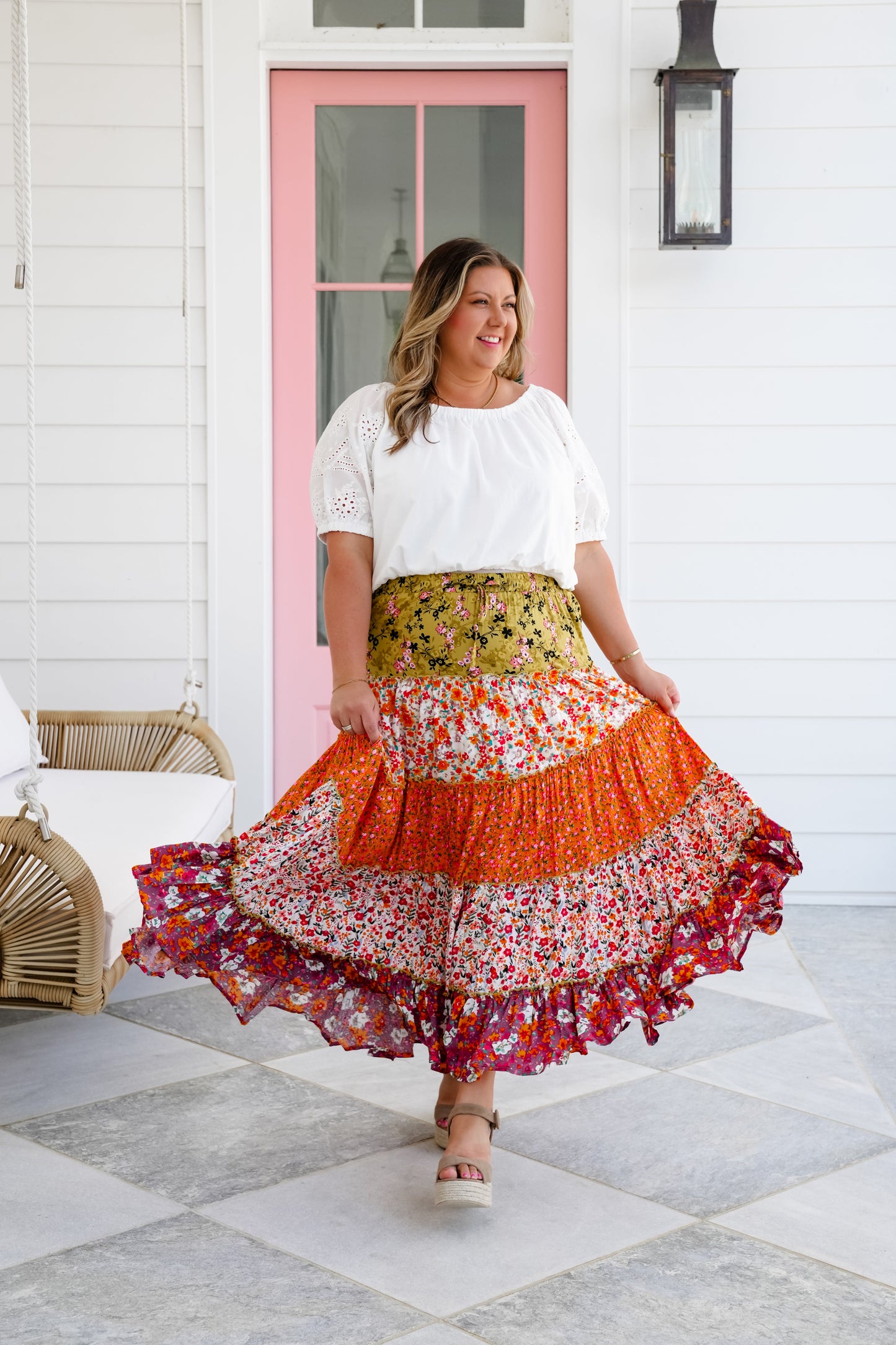 Plus/Reg Mixed Floral Print Elastic Waist Tiered Skirt