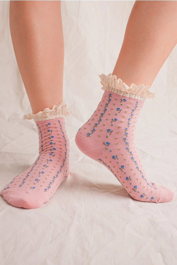 Floral Printed Crew Socks with Lace Trim