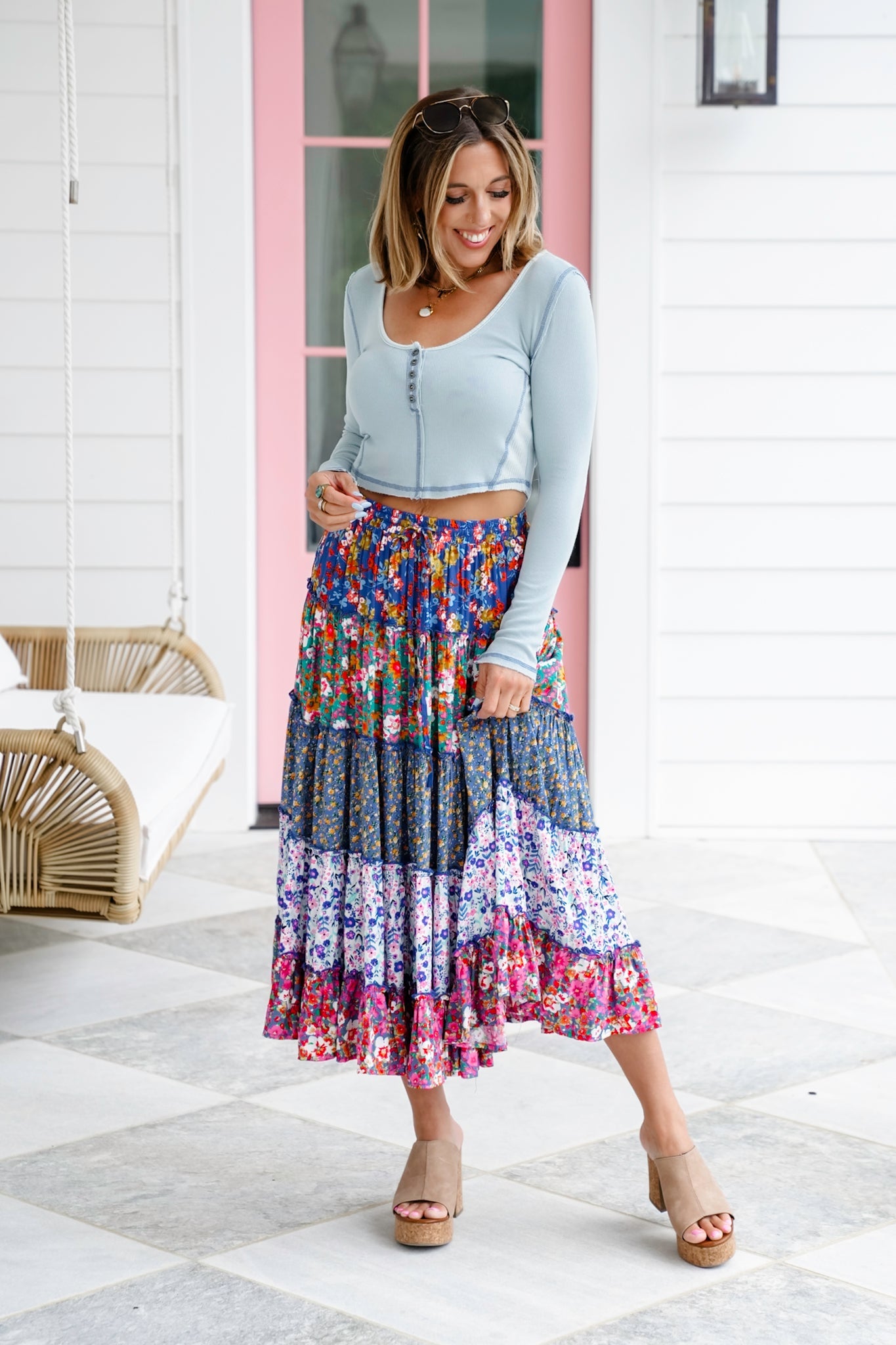 Plus/Reg Mixed Floral Print Elastic Waist Tiered Skirt
