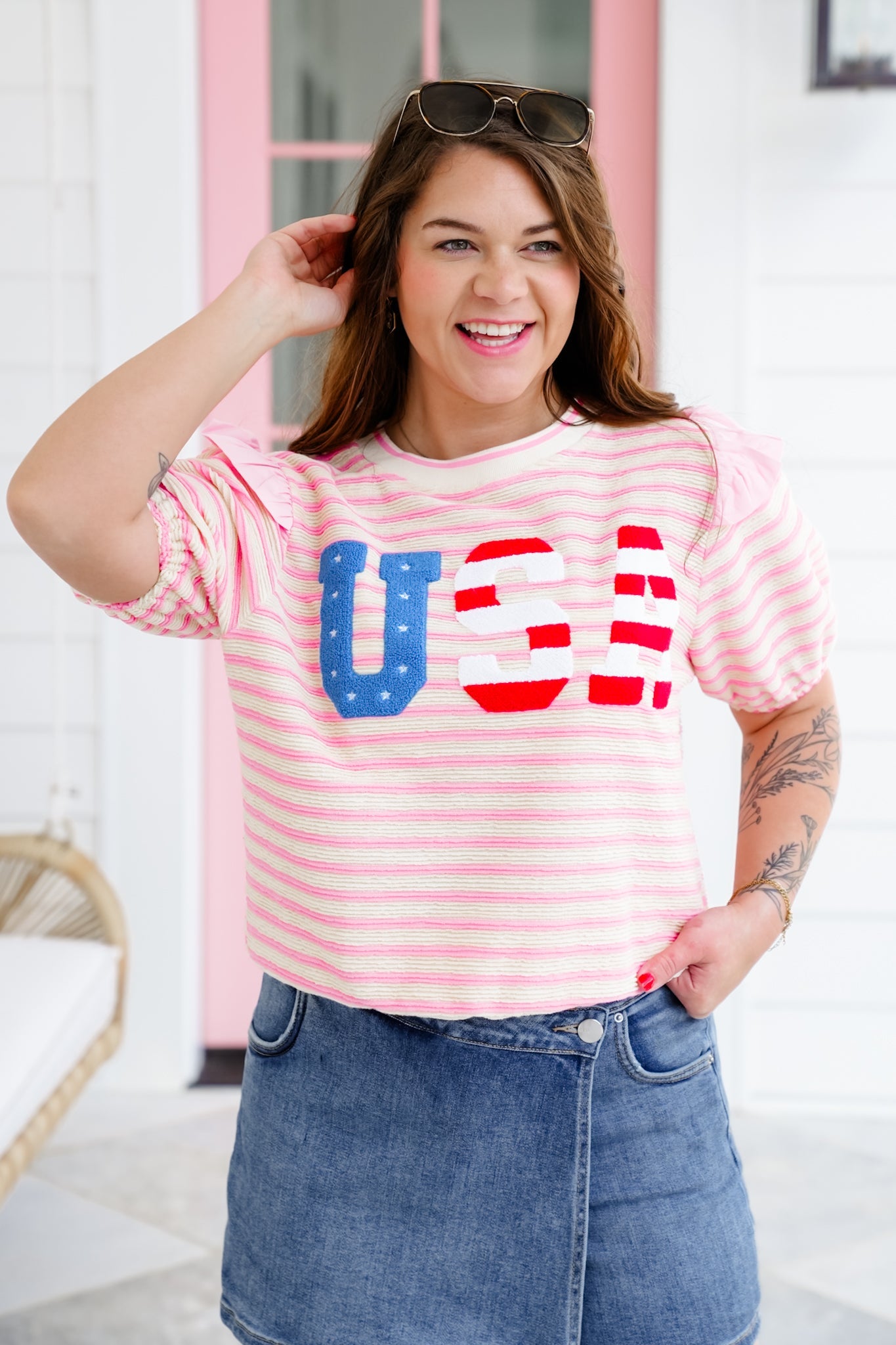 Stripe Short Sleeve "USA" Patchwork Top with Ruffle Detail