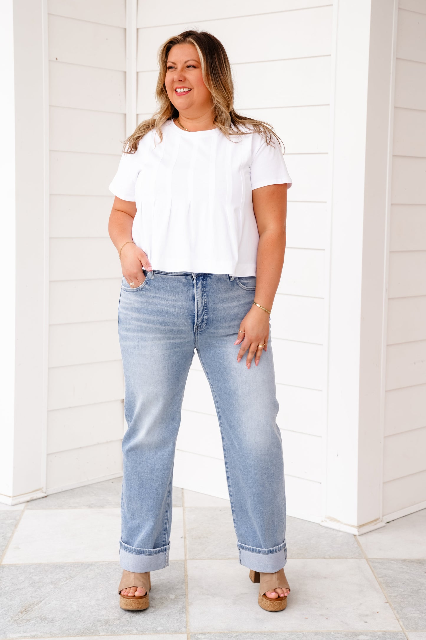 Risen High Rise Light Wash Tummy Control Straight Leg Cuffed Jeans
