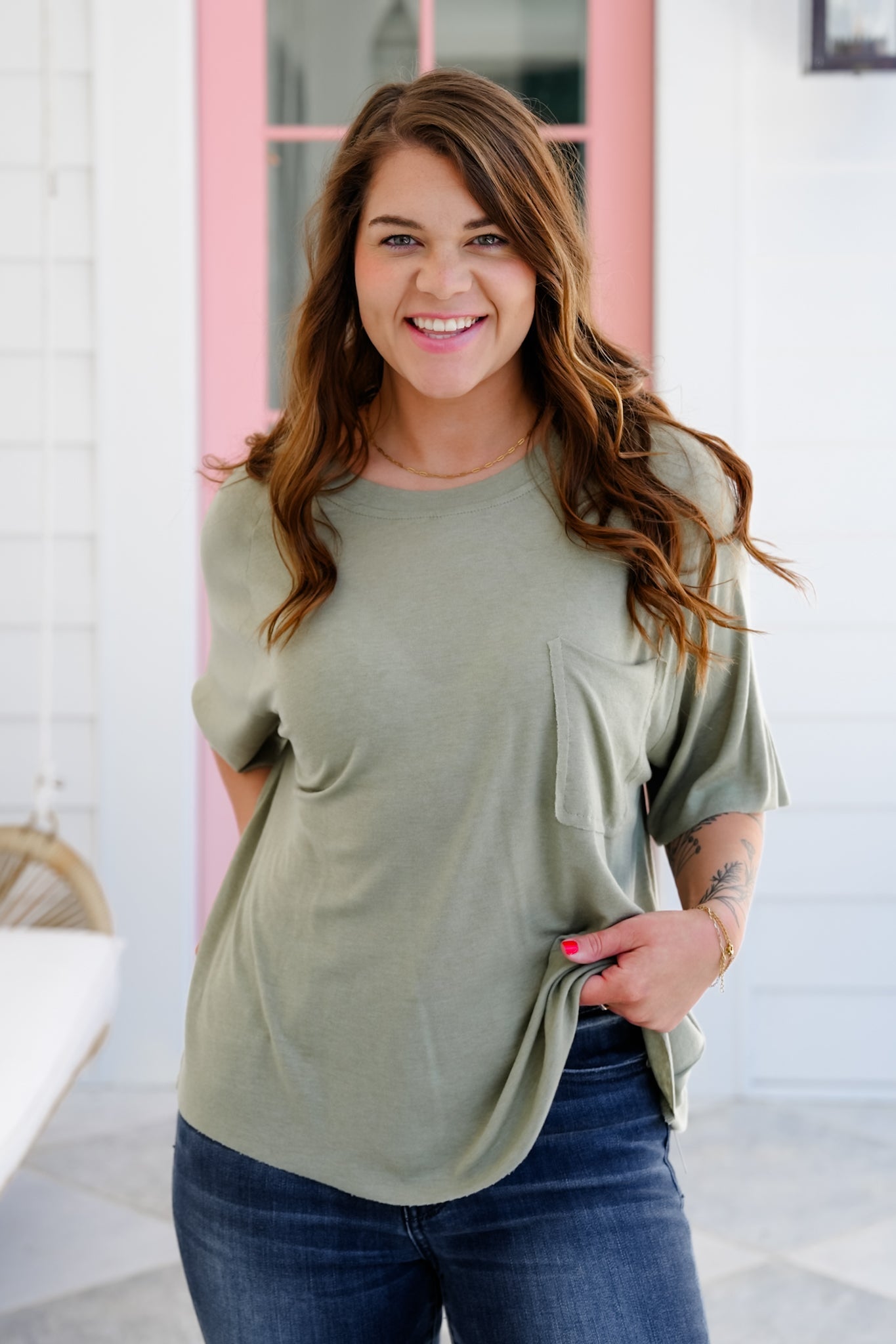 POL Solid Short Sleeve Round Neck Top with Chest Pocket Detail