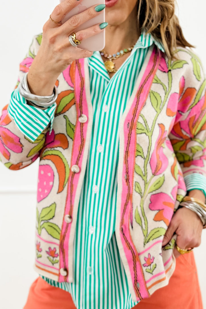 Restock! Floral Print Long Sleeve Button Down Cardigan - Freckled Poppy