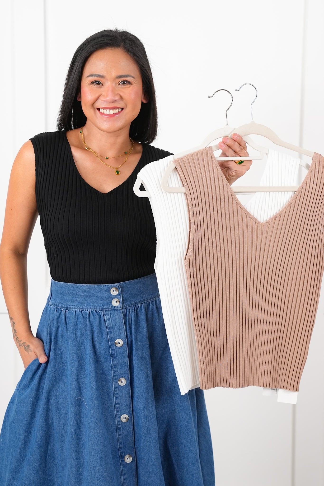 Ribbed Knit Double V Neck tank Top