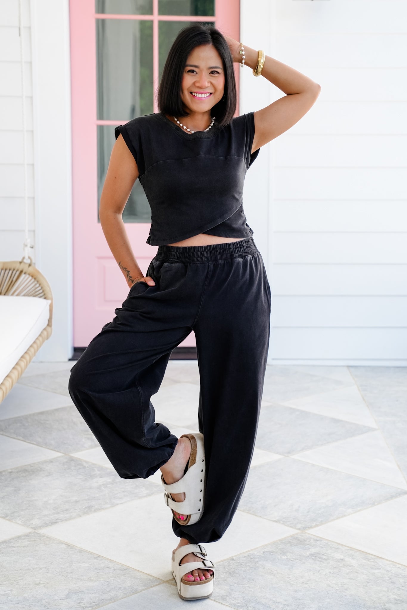 Mineral Wash Elastic Waist Jogger with Side Pockets