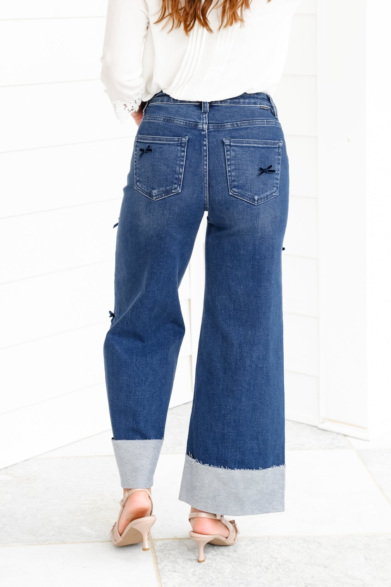 Risen High Rise Dark Wash Tummy Control Crop Wide Leg Jeans with Bows