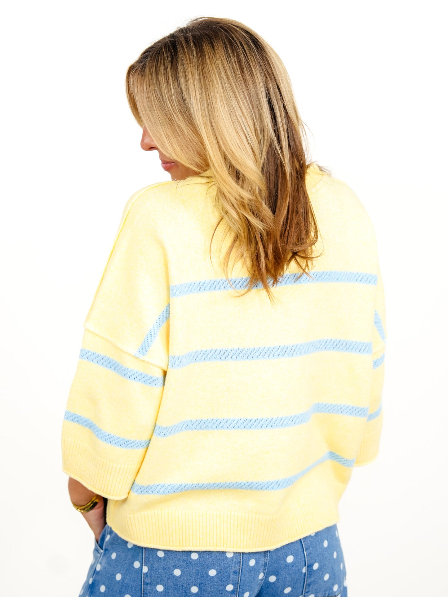 Stripe 3/4 Sleeve Crew Neck Pullover Sweater