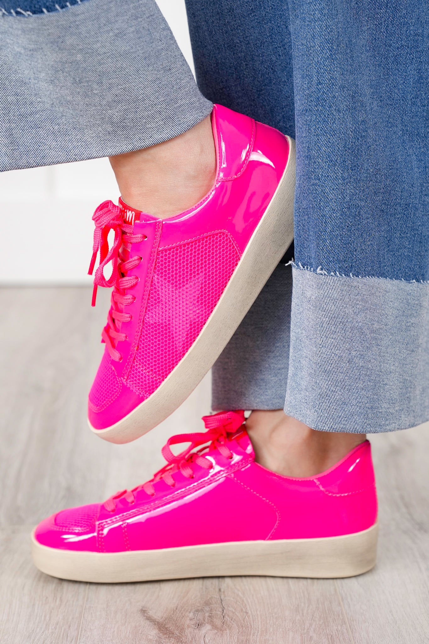 Patent Finish Low Top Sneaker with Mesh Panel Accents