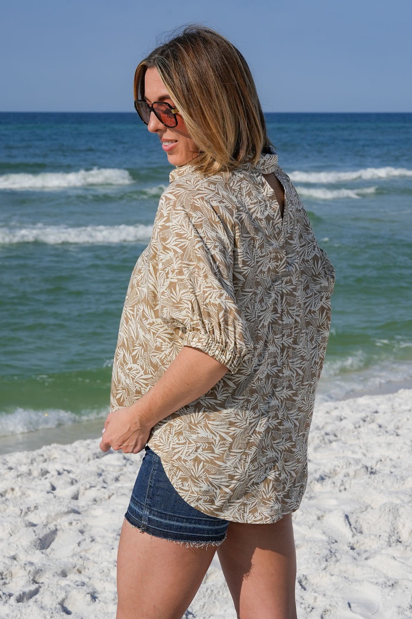 Tropical Print Short Doman Sleeve Button Down Top with Back Cut Out Detail