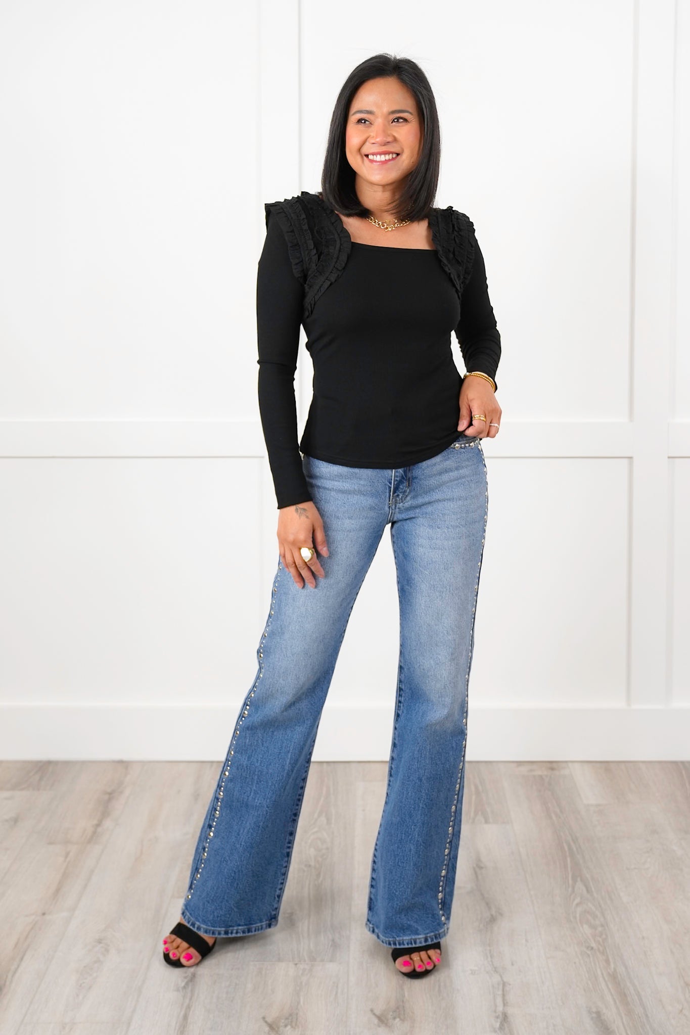 Long Sleeve Square Neck Top with Ruffle Detail