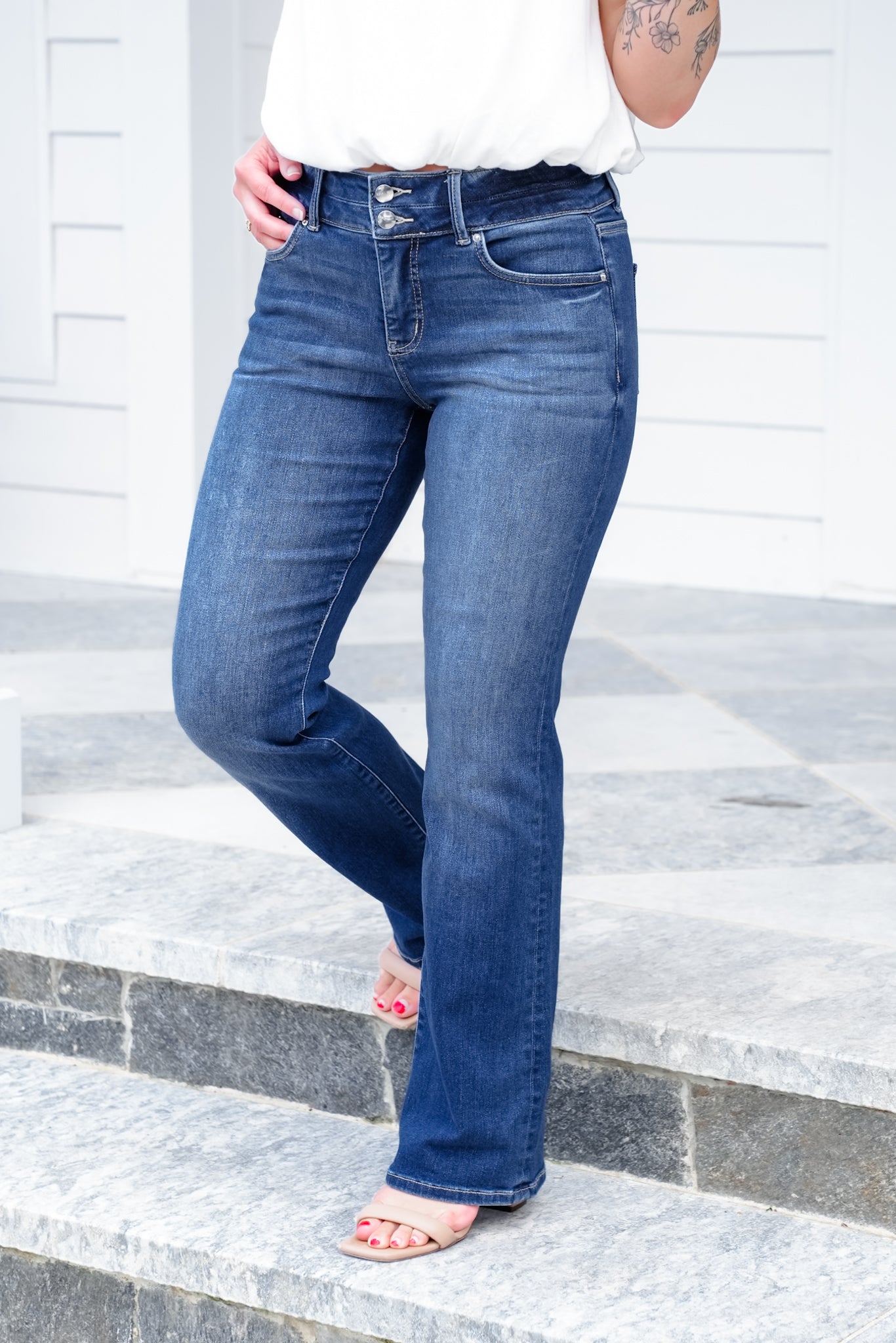 RFM Mid Rise Dark Wash Two Button Bootcut Jeans