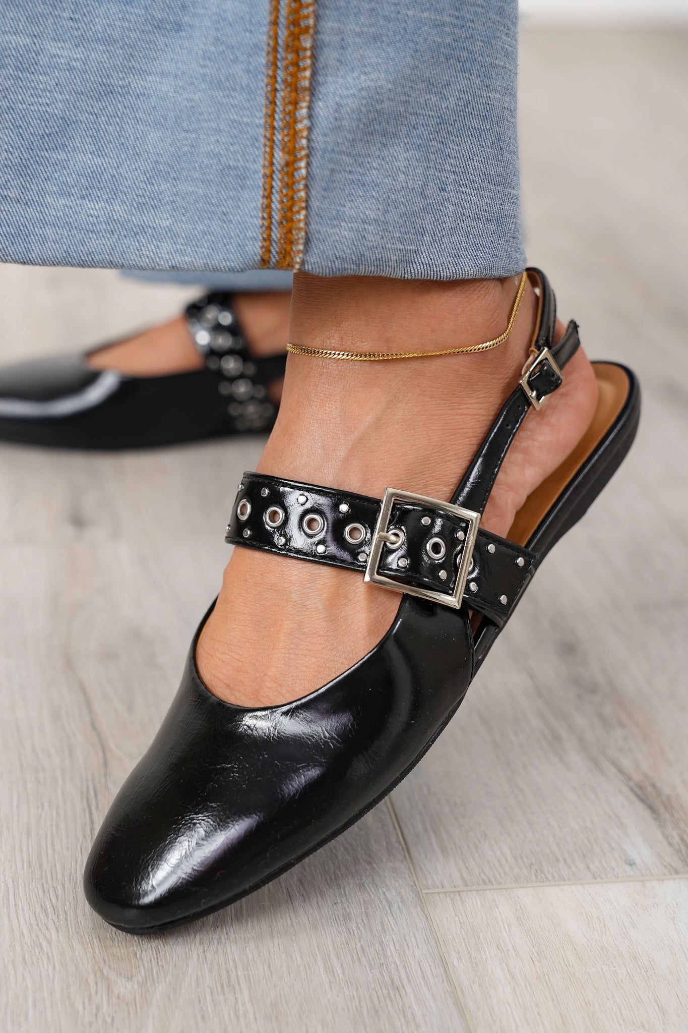Pointed Toe Slingback Flats with Studded Buckle Strap Detail