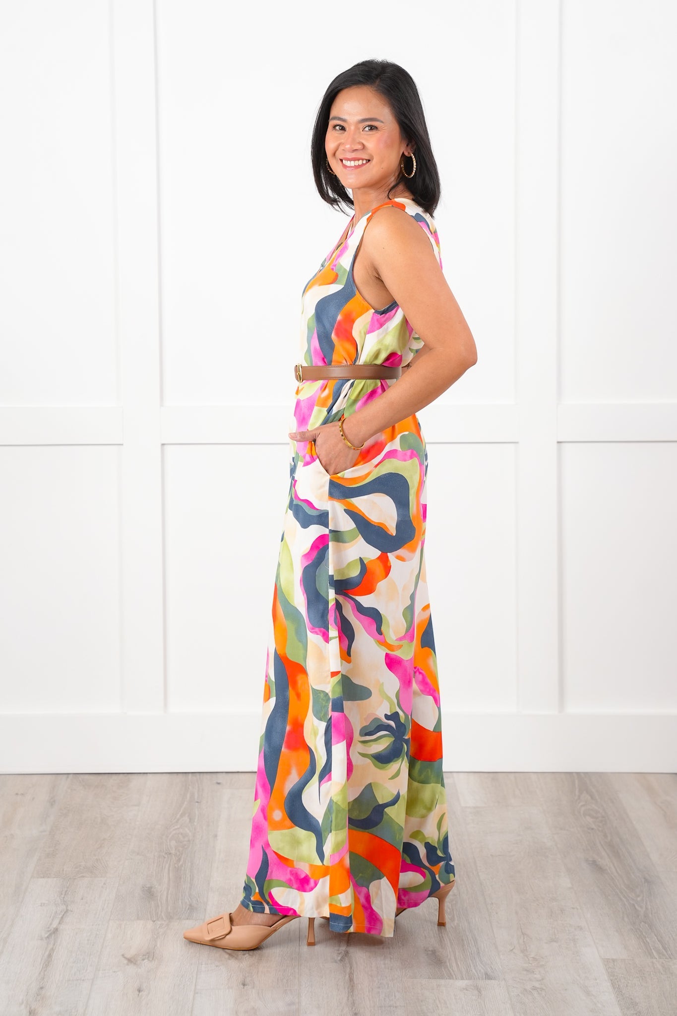 Abstract Print Sleeveless V Neck Wide Leg Jumpsuit