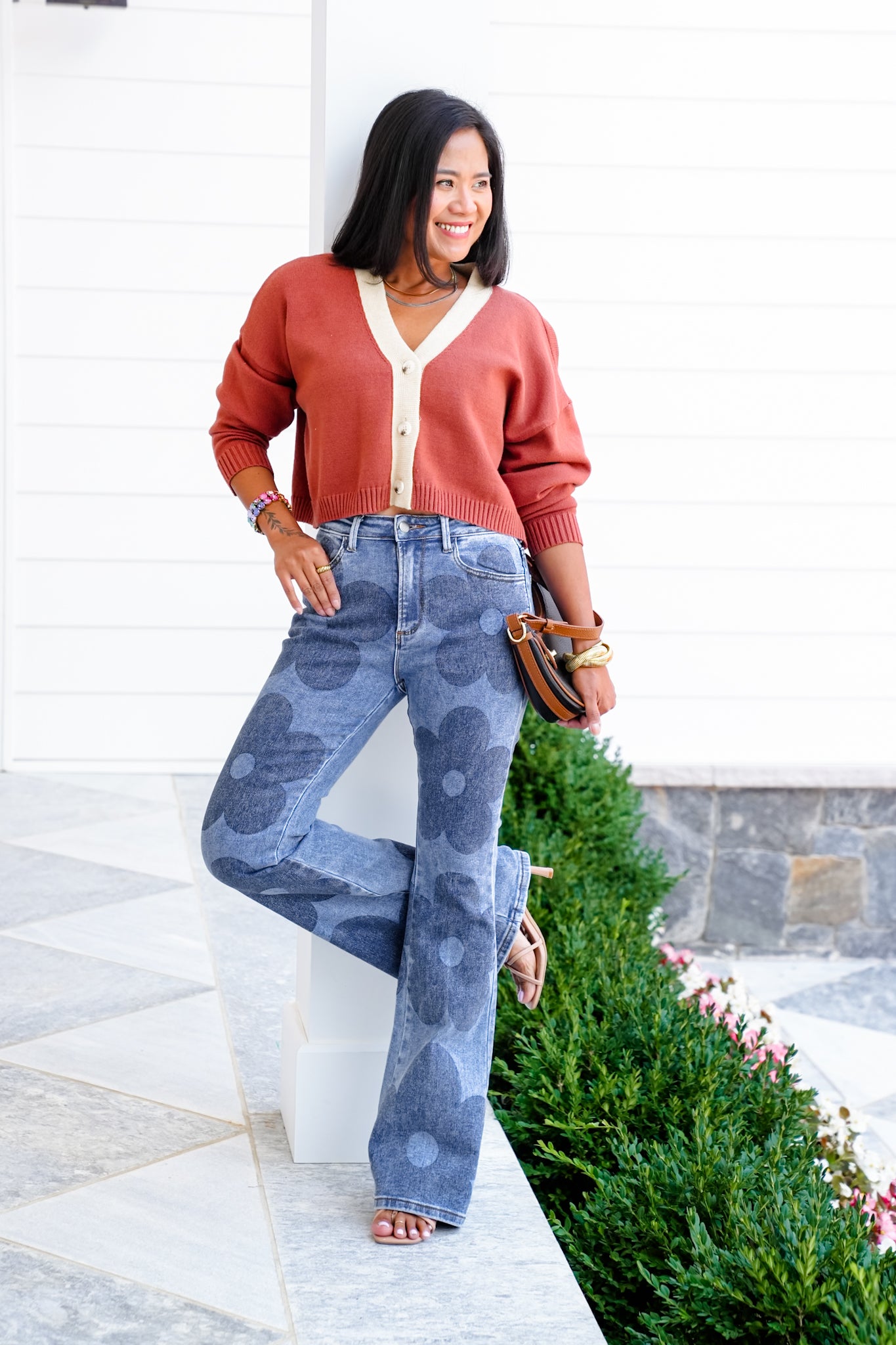 Medium Wash Retro Flower Print Boot Cut Jeans