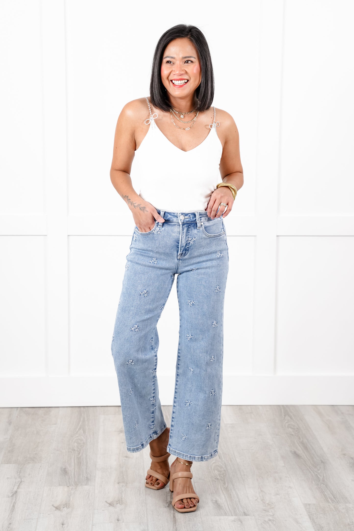 Risen High Rise Light Wash Tummy Control Embroidered Cropped Wide Leg Jeans