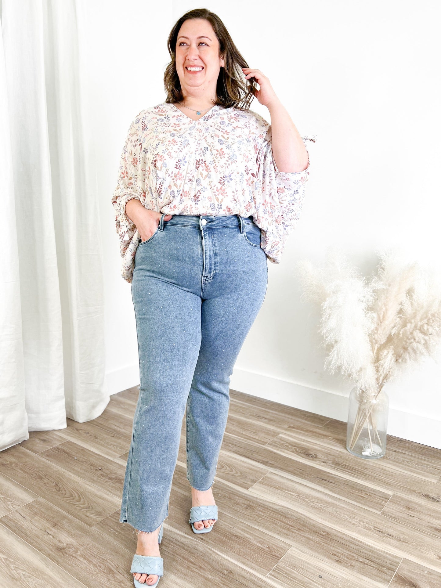 Risen Medium Wash High Rise Slim Straight Jeans With Rhinestones