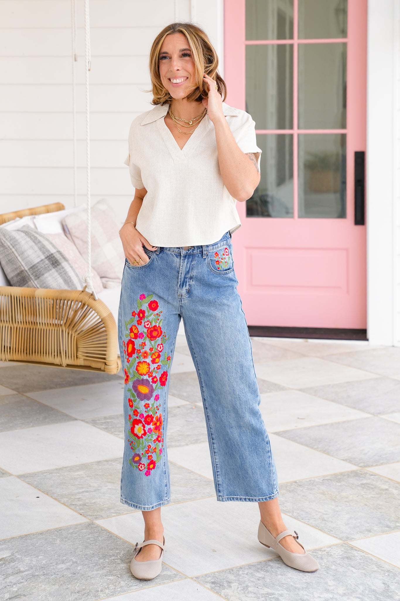 Linen Short Sleeve V Neck Top