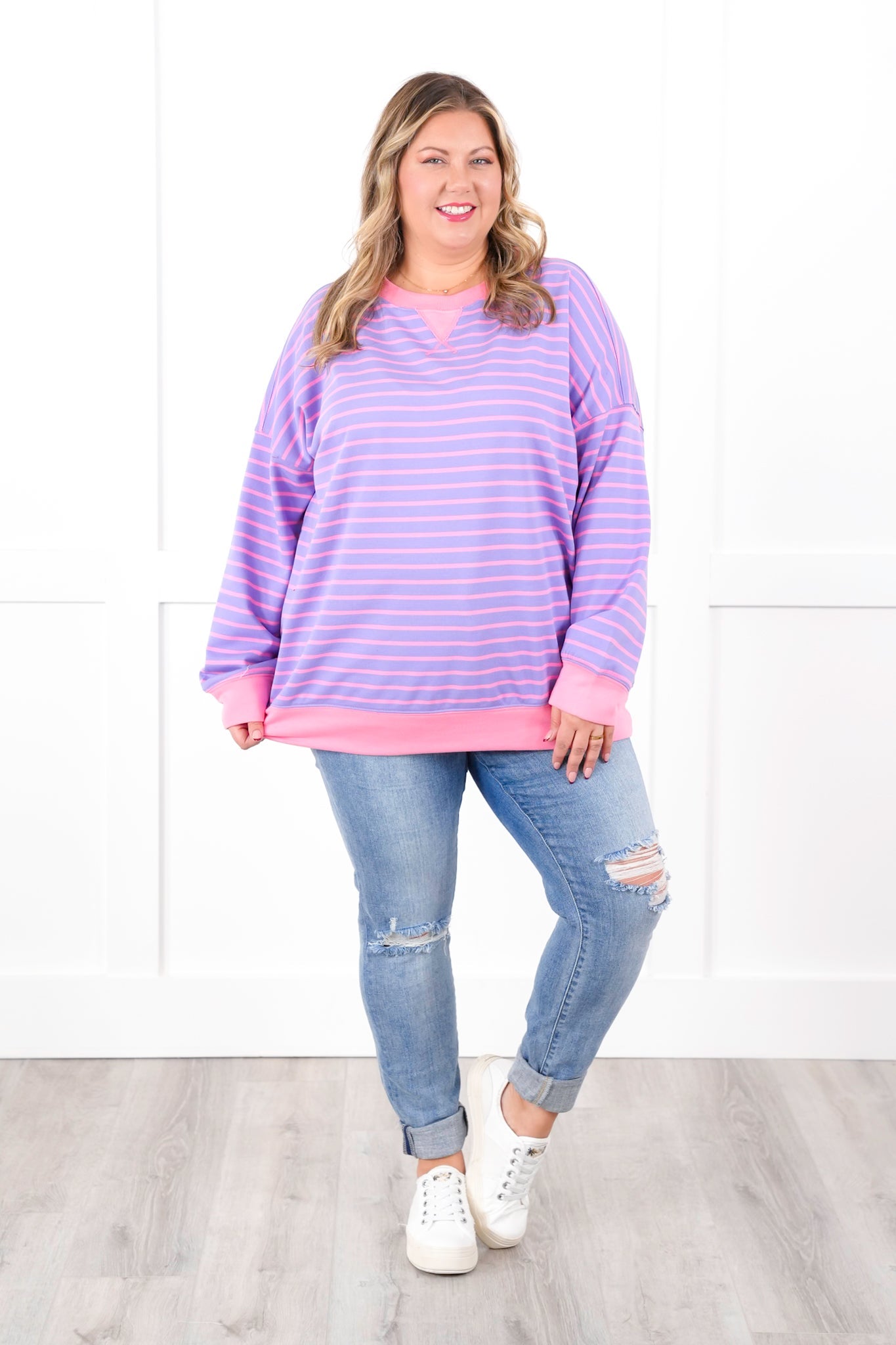 Striped French Terry Long Sleeve Pullover Sweatshirt