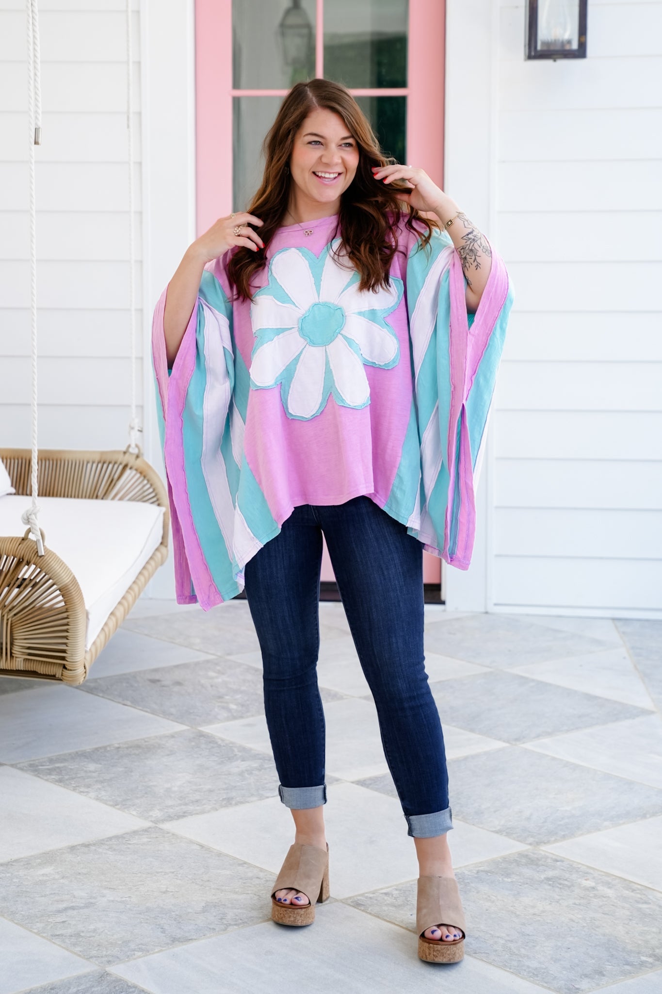 Color Block Flower Patch Long Sleeve Poncho Top