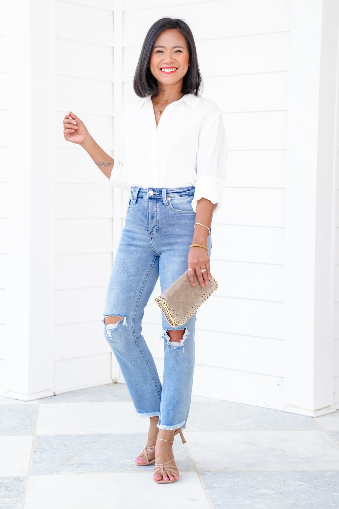 RFM High Rise Light Wash Step Fray Hem Slim Straight Leg Jeans